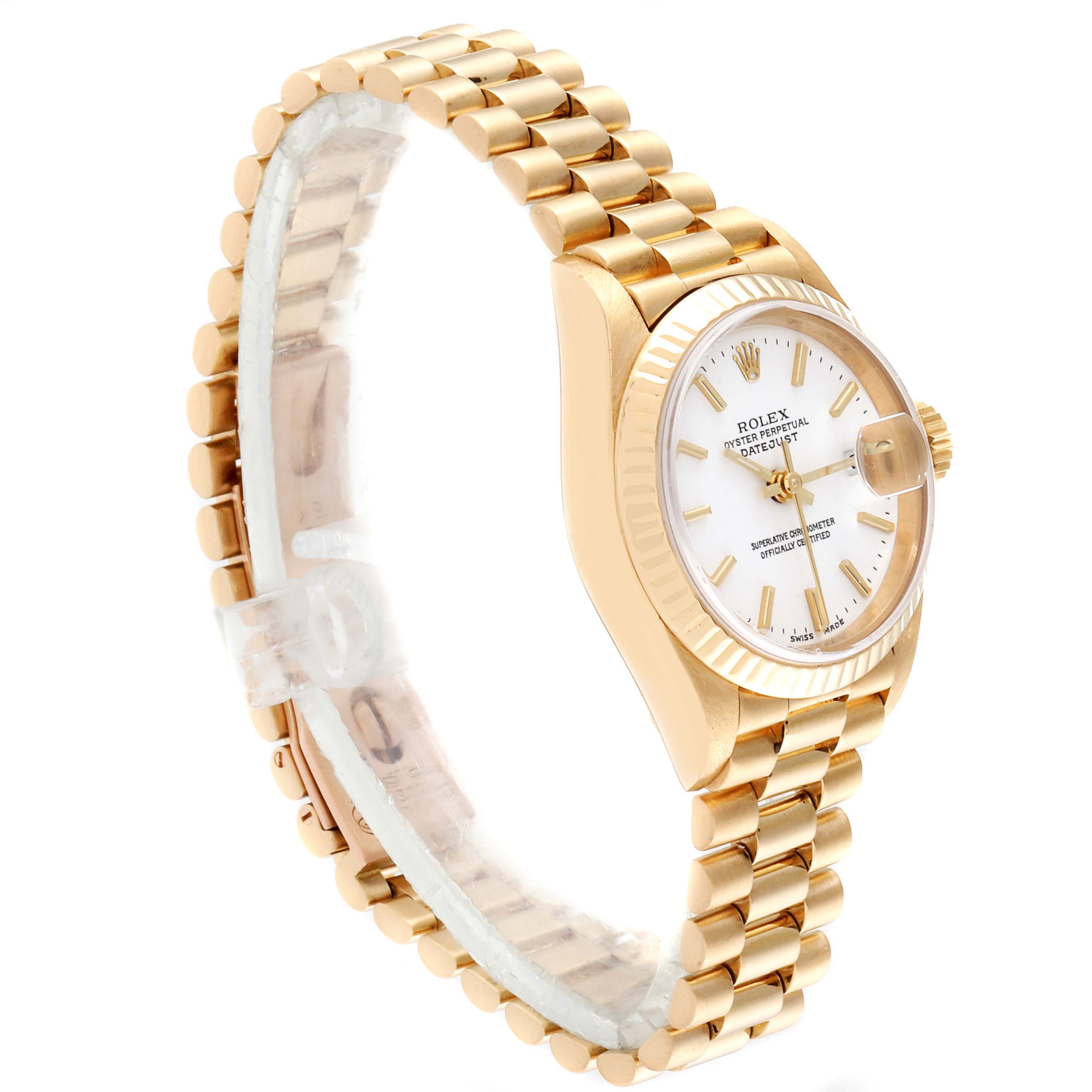 The image shows a side view of a Rolex President 69178 Women
s Yellow Gold White Dial 69178 Women
s Yellow Gold White Dial model, highlighting its gold case and bracelet, white dial, and fluted bezel.