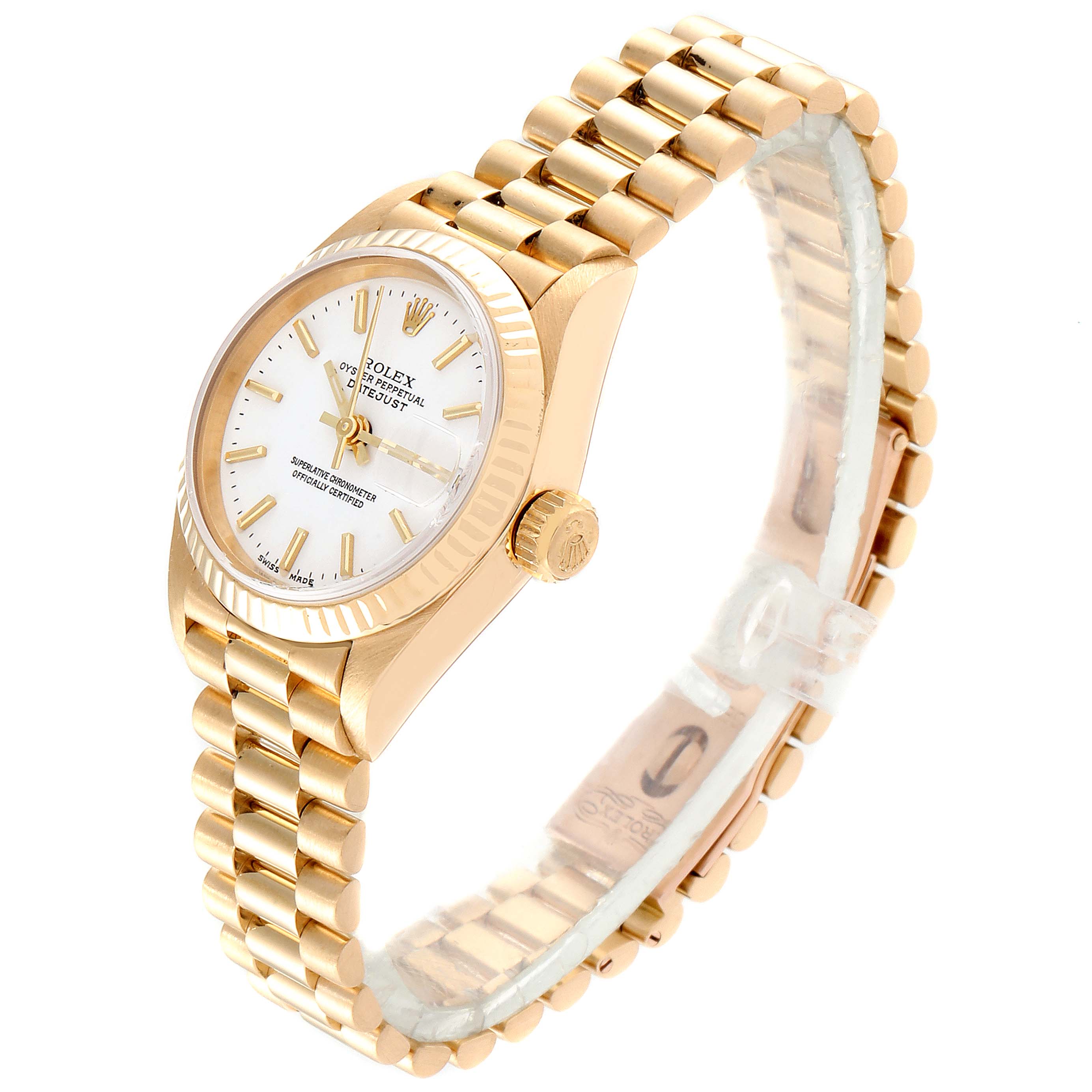 This Rolex President 69178 Women
s Yellow Gold White Dial 69178 Women
s Yellow Gold White Dial model watch is shown at an angle, highlighting the gold case, fluted bezel, dial, and presidential bracelet.