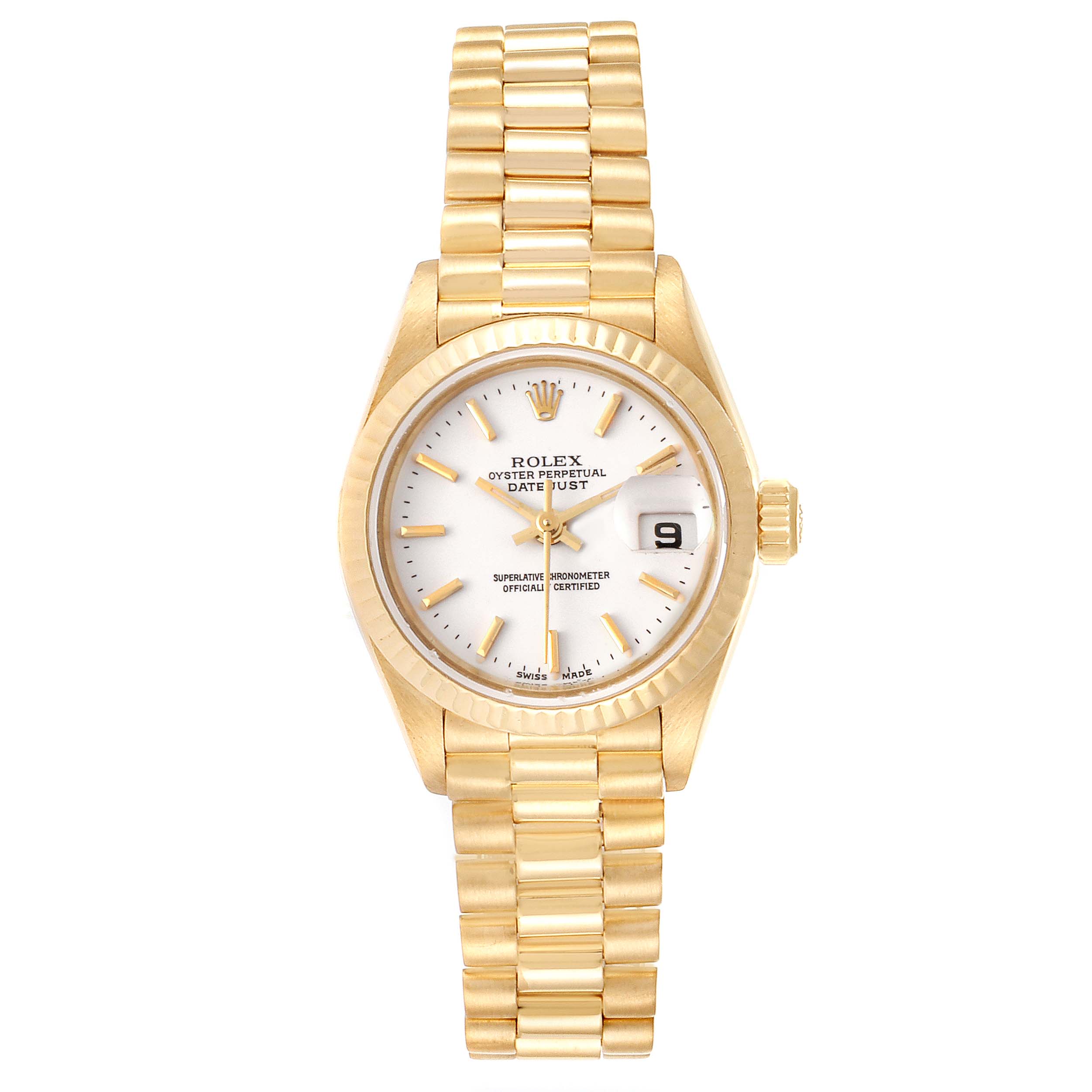 This Rolex President 69178 Women
s Yellow Gold White Dial 69178 Women
s Yellow Gold White Dial model watch is shown from the front, displaying its gold bracelet, case, white dial, and date indicator.