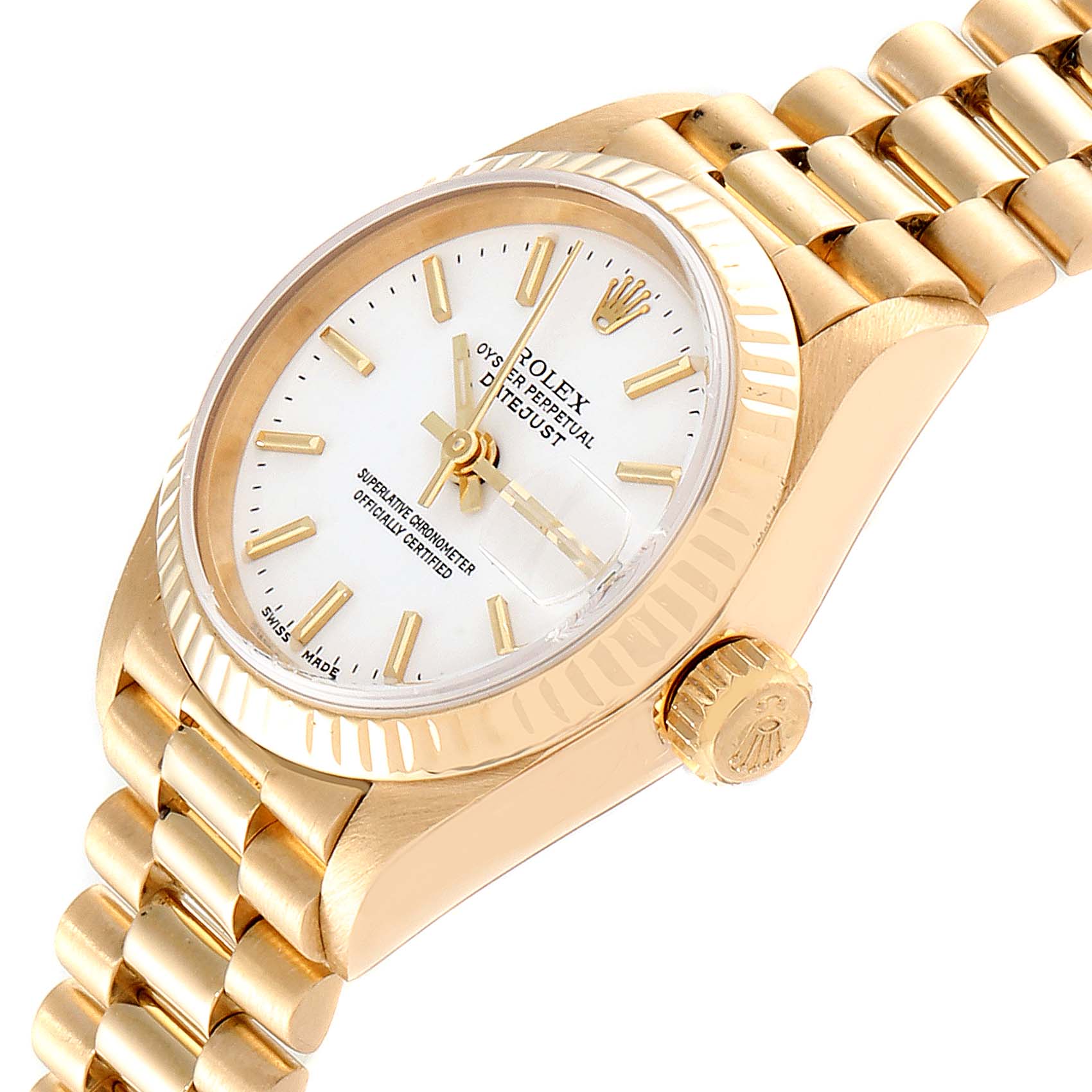 This image shows a close-up view of the Rolex President 69178 Women
s Yellow Gold White Dial 69178 Women
s Yellow Gold White Dial model watch, highlighting the dial, bezel, crown, and part of the bracelet.
