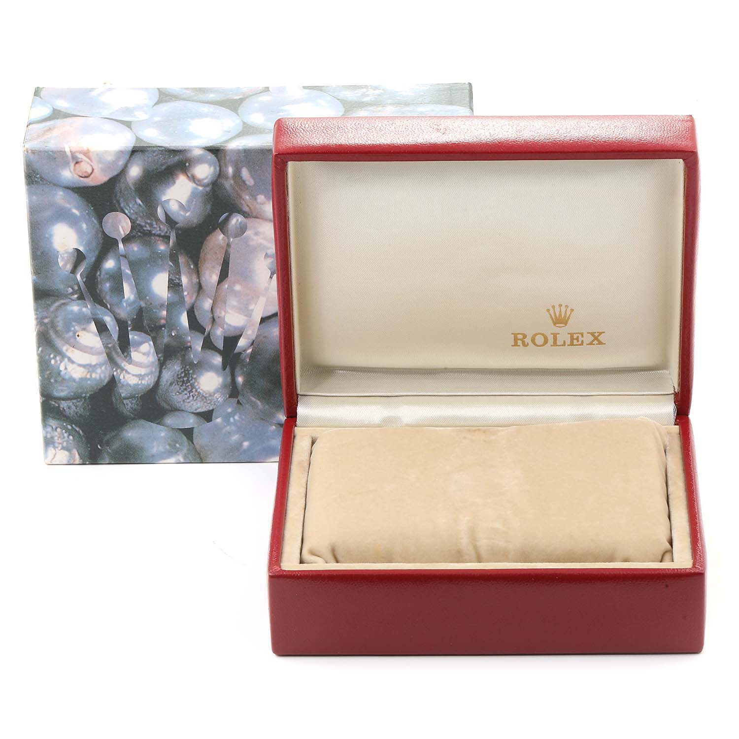 The image shows an empty Rolex watch box for the President model, including the outer decorative box.