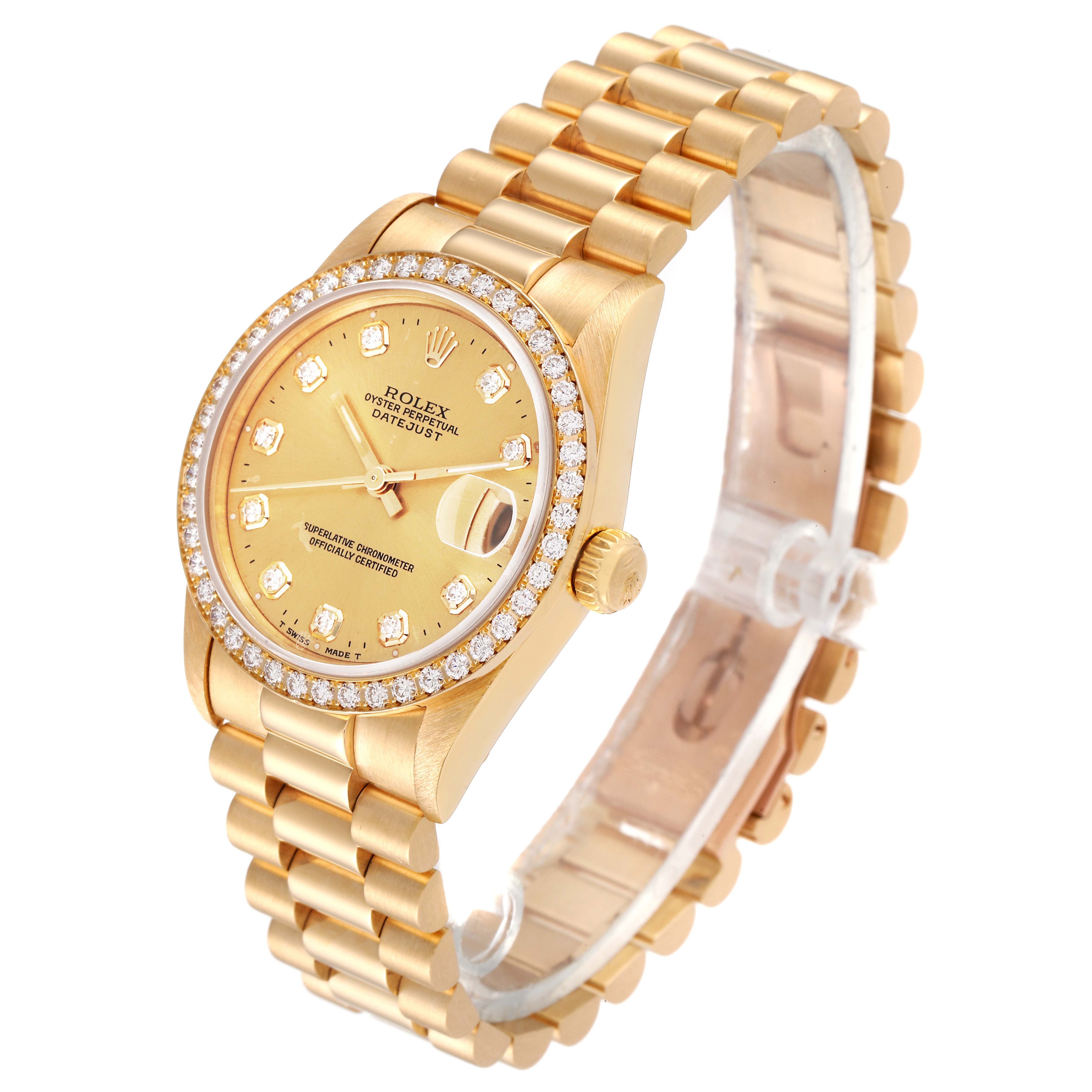 The Rolex President 68288 Women
s Yellow Gold Champagne Dial 68288 Women
s Yellow Gold Champagne Dial model watch is shown at an angle highlighting the face, bezel, crown, and bracelet.
