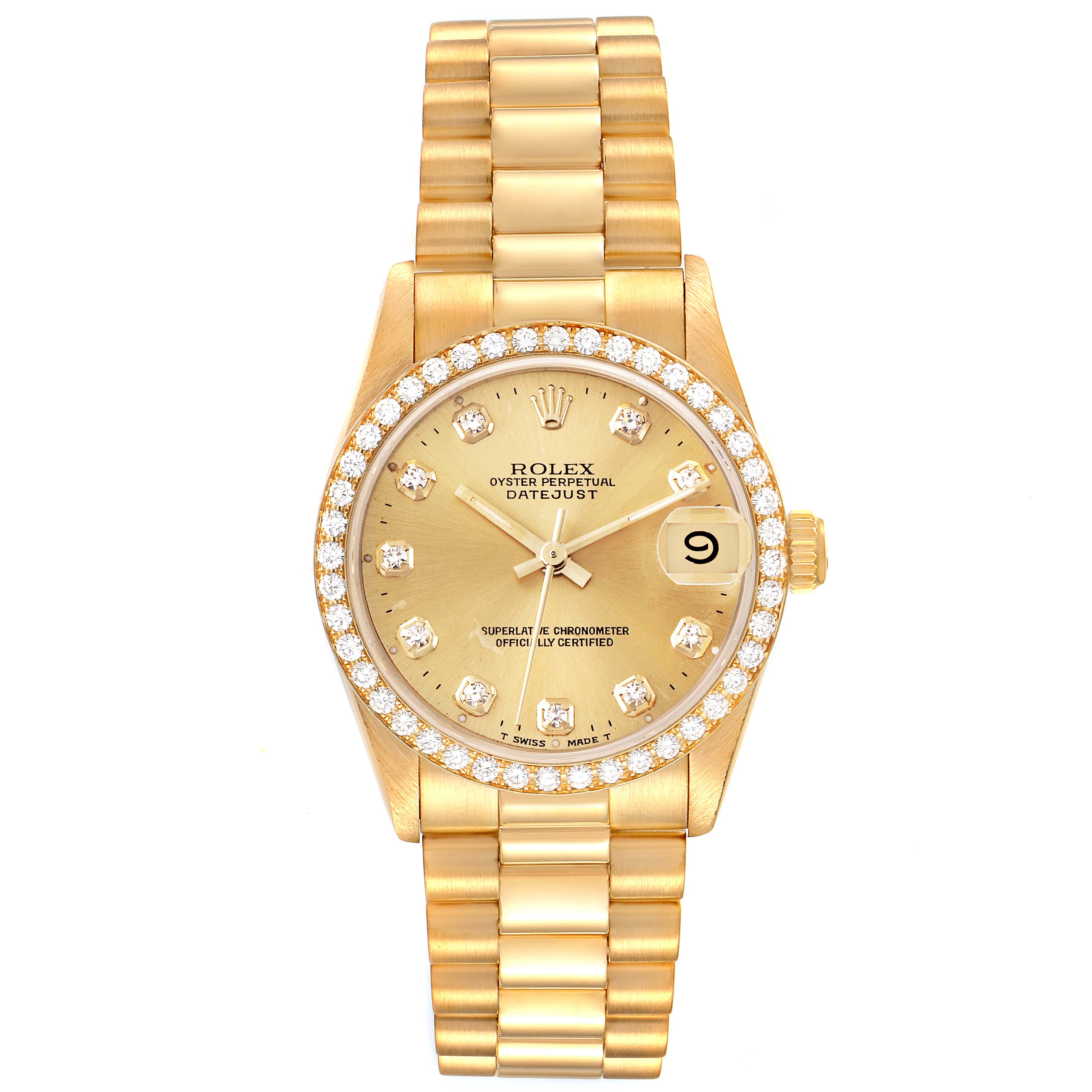 The image shows a frontal view of the Rolex President 68288 Women
s Yellow Gold Champagne Dial 68288 Women
s Yellow Gold Champagne Dial model watch, featuring a gold band, diamond-studded bezel, and date display.