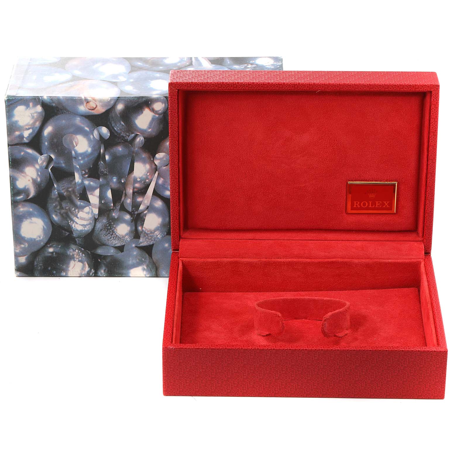This image shows an open red Rolex watch box for the President model and its outer decorative box.