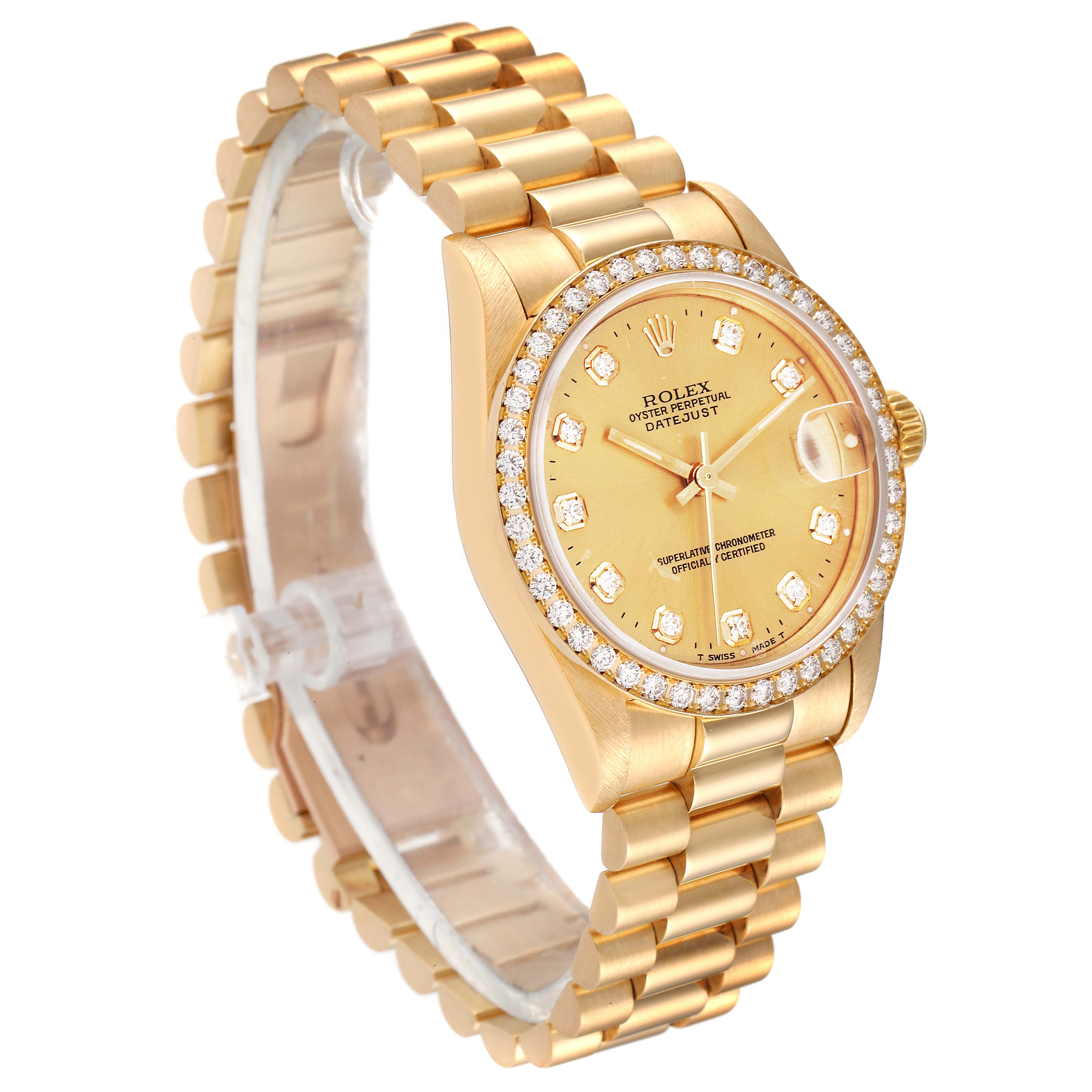 The Rolex President 68288 Women
s Yellow Gold Champagne Dial 68288 Women
s Yellow Gold Champagne Dial model is shown from a slightly angled front view, highlighting the bracelet, face, and diamond bezel.