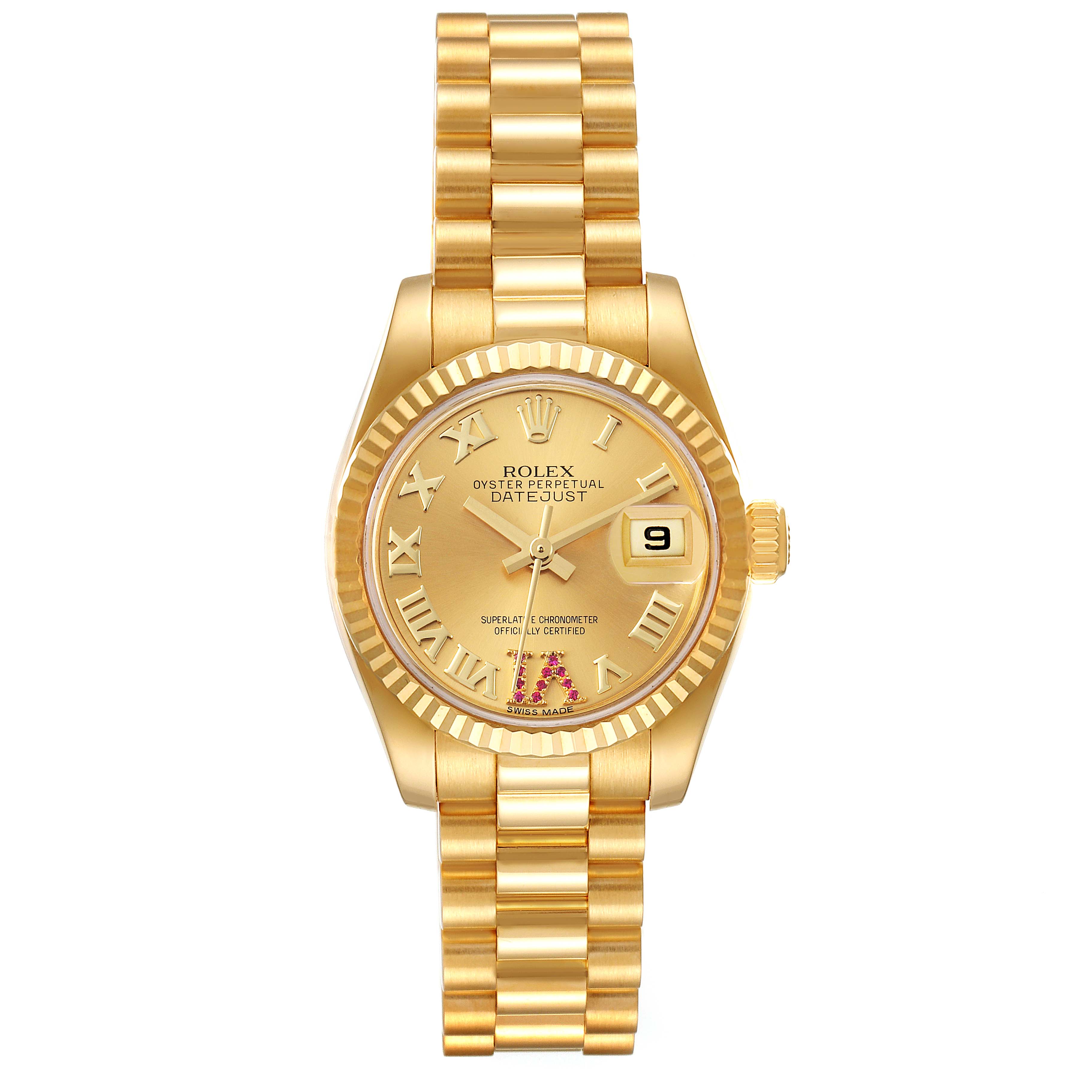 The image shows a frontal view of a Rolex President 179178 Women's Yellow Gold Champagne Dial 179178 Women's Yellow Gold Champagne Dial model watch, displaying the dial, hands, date window, bezel, and bracelet.