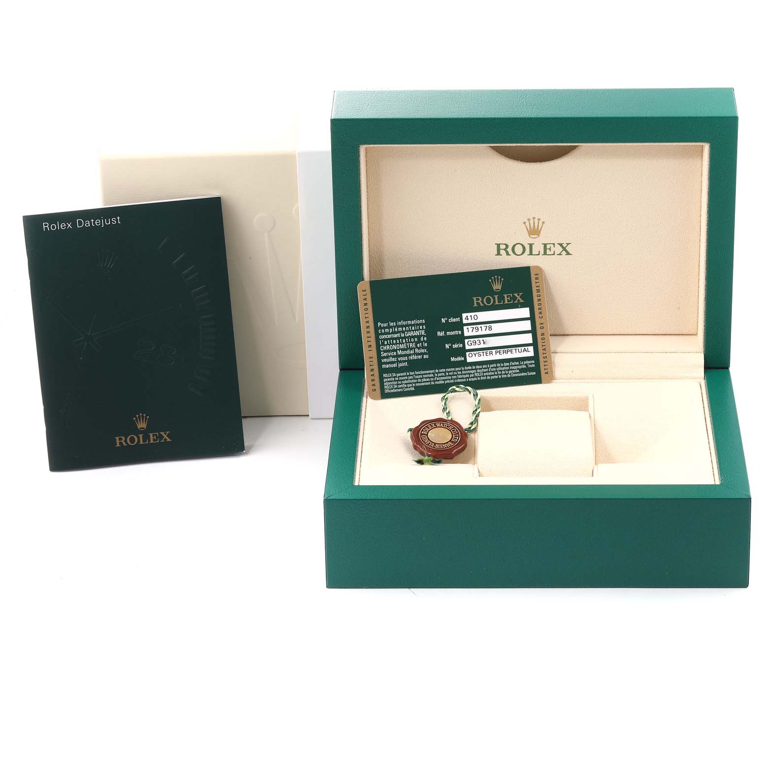 The image shows the box, booklet, warranty card, and tag for a Rolex President 179178 Women's Yellow Gold Champagne Dial 179178 Women's Yellow Gold Champagne Dial model.