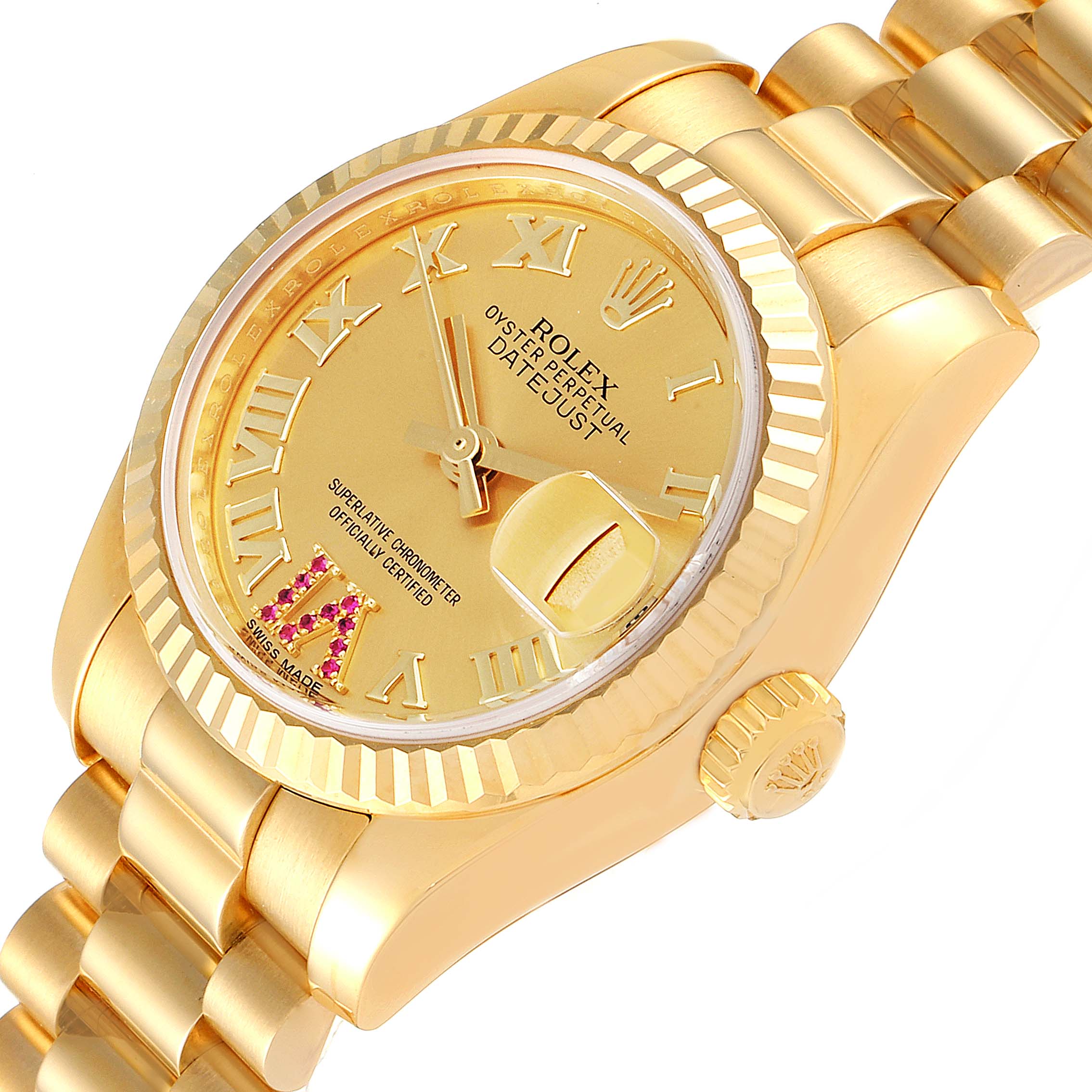 The image shows a close-up angled view of the Rolex President 179178 Women's Yellow Gold Champagne Dial 179178 Women's Yellow Gold Champagne Dial model watch, highlighting the dial, bracelet, and crown.