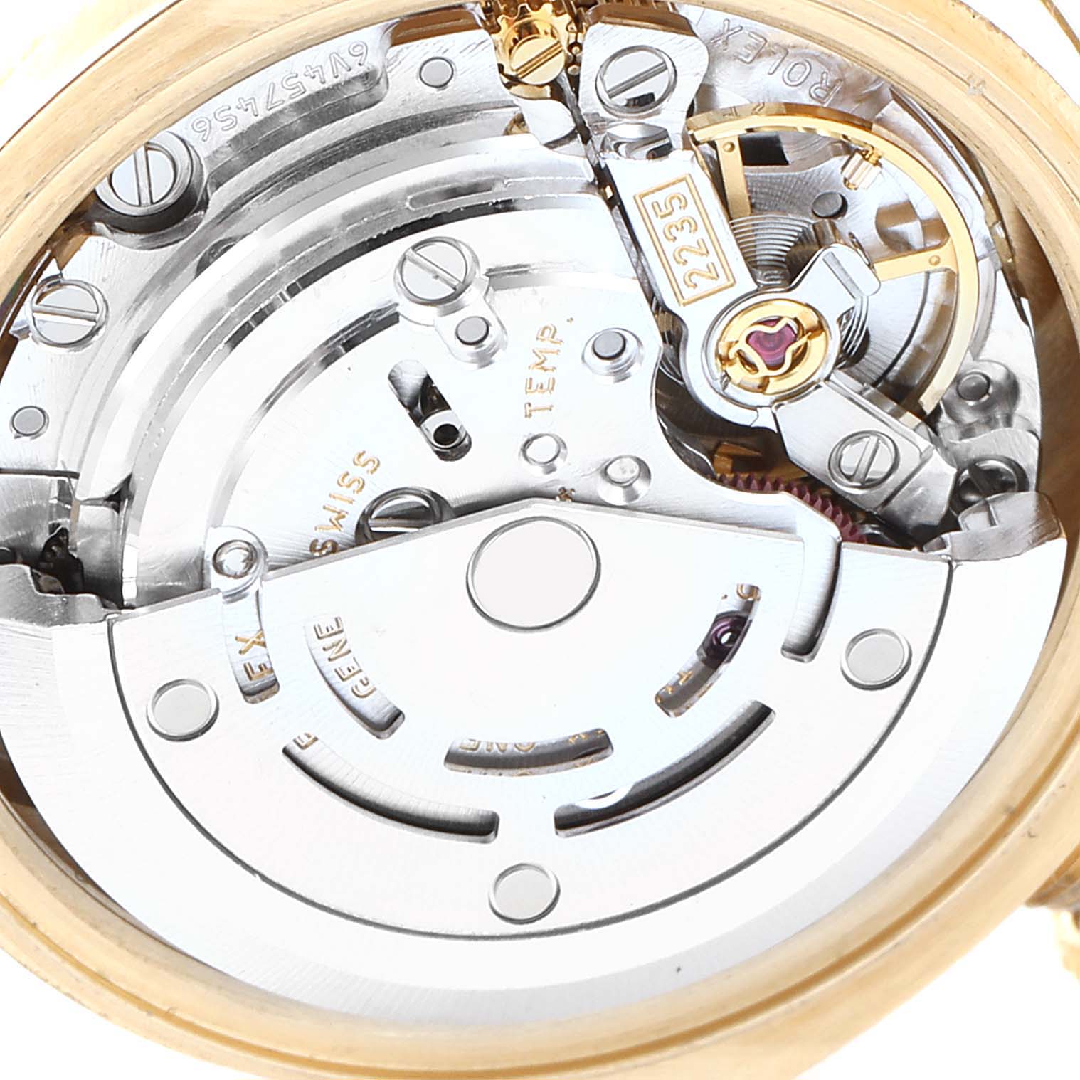 The image shows the detailed internal mechanism of the Rolex President 179178 Women's Yellow Gold Champagne Dial 179178 Women's Yellow Gold Champagne Dial model watch from a close-up angle.