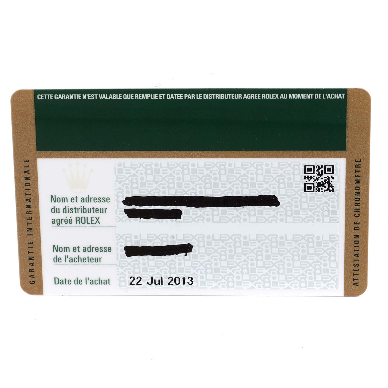 This image shows the Rolex warranty card for a President model watch, providing purchase details.