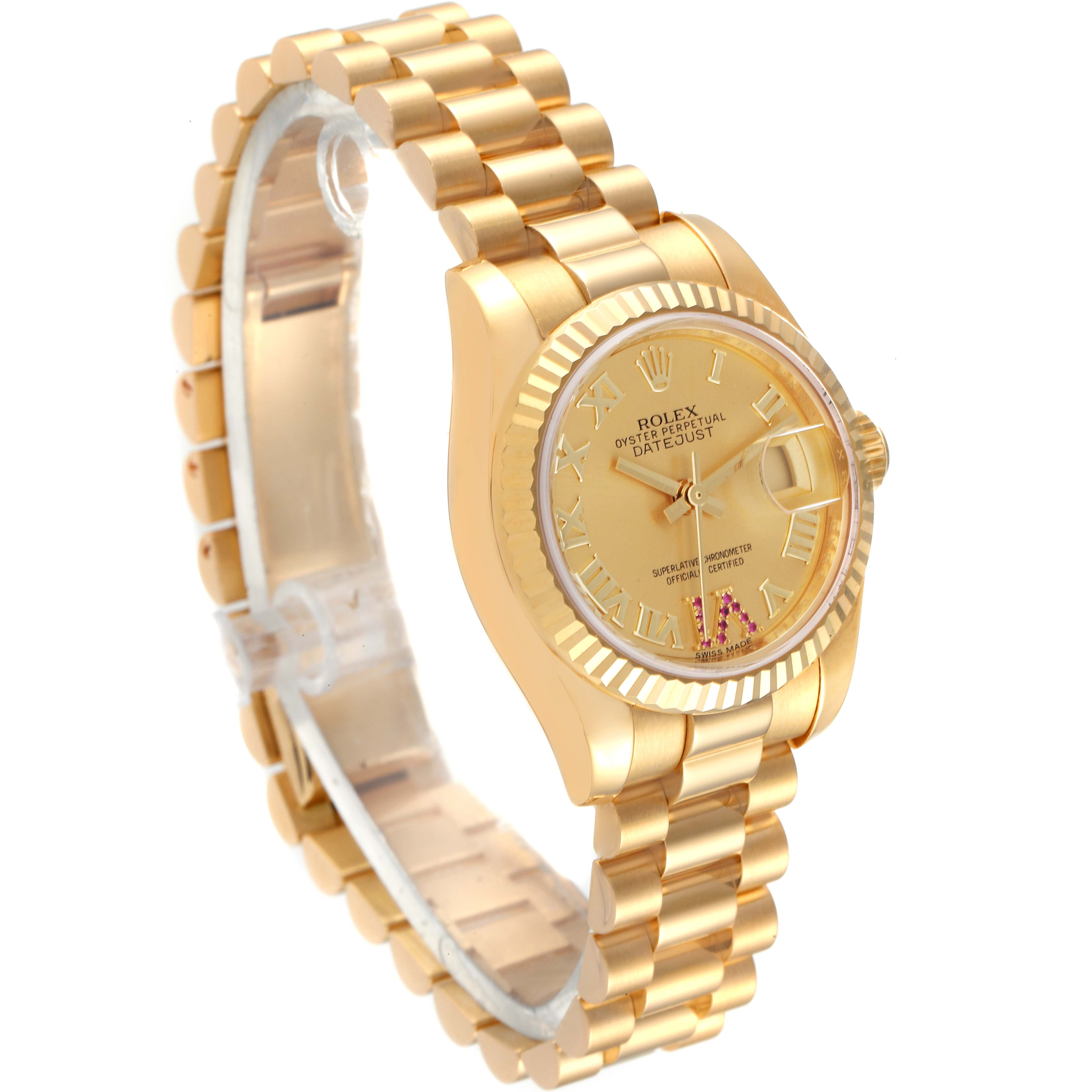 The Rolex President 179178 Women's Yellow Gold Champagne Dial 179178 Women's Yellow Gold Champagne Dial model watch is shown from an angled side view displaying the bracelet, bezel, case, and dial.