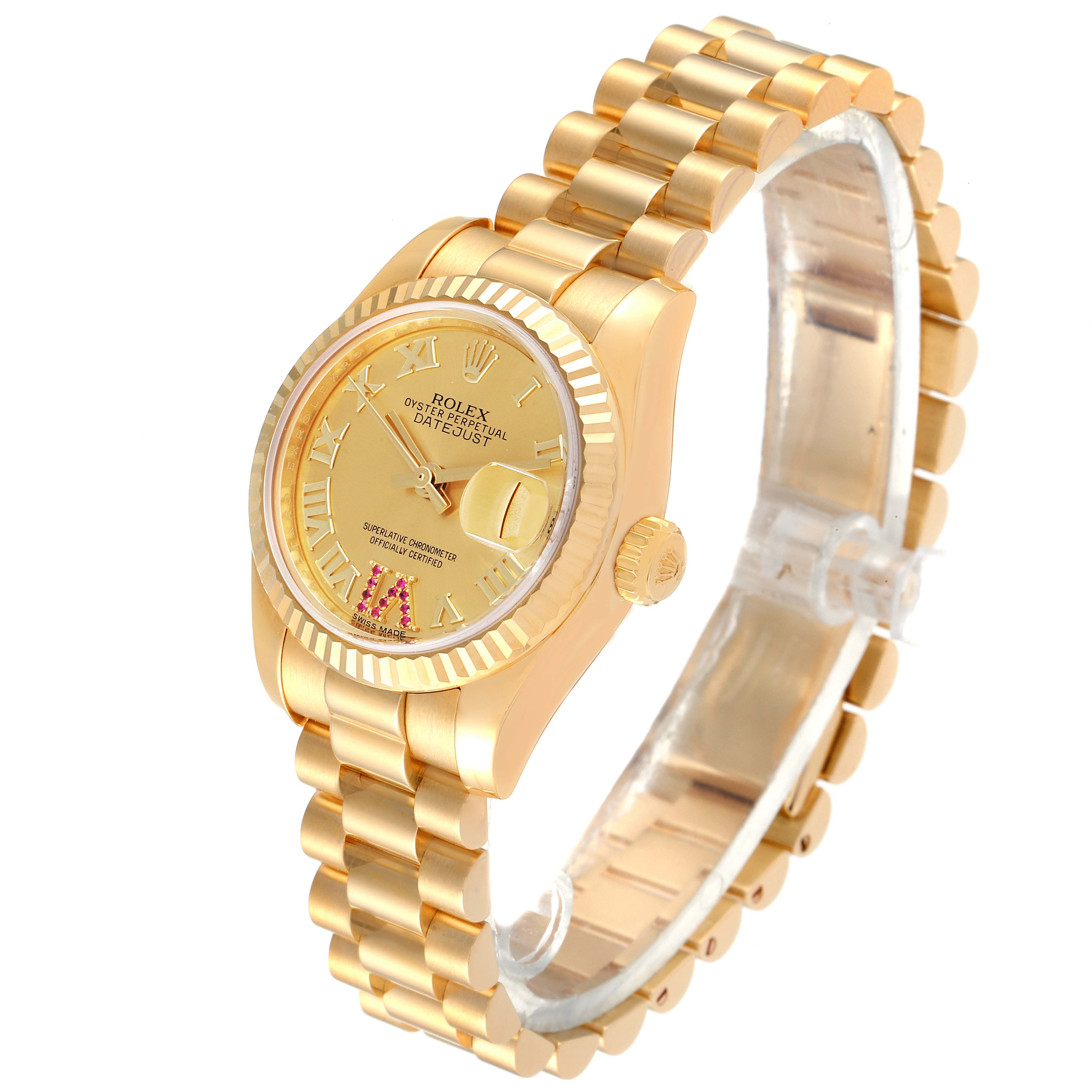 The image shows a Rolex President 179178 Women's Yellow Gold Champagne Dial 179178 Women's Yellow Gold Champagne Dial model watch with a gold band and a date window, viewed at a slight angle.