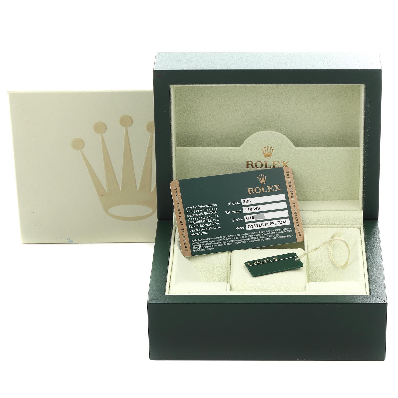 The image shows a Rolex President 118348 Men's Yellow Gold Mother of Pearl Dial 118348 Men's Yellow Gold Mother of Pearl Dial model packaging with a green box, warranty card, and tag, but the watch is not visible.