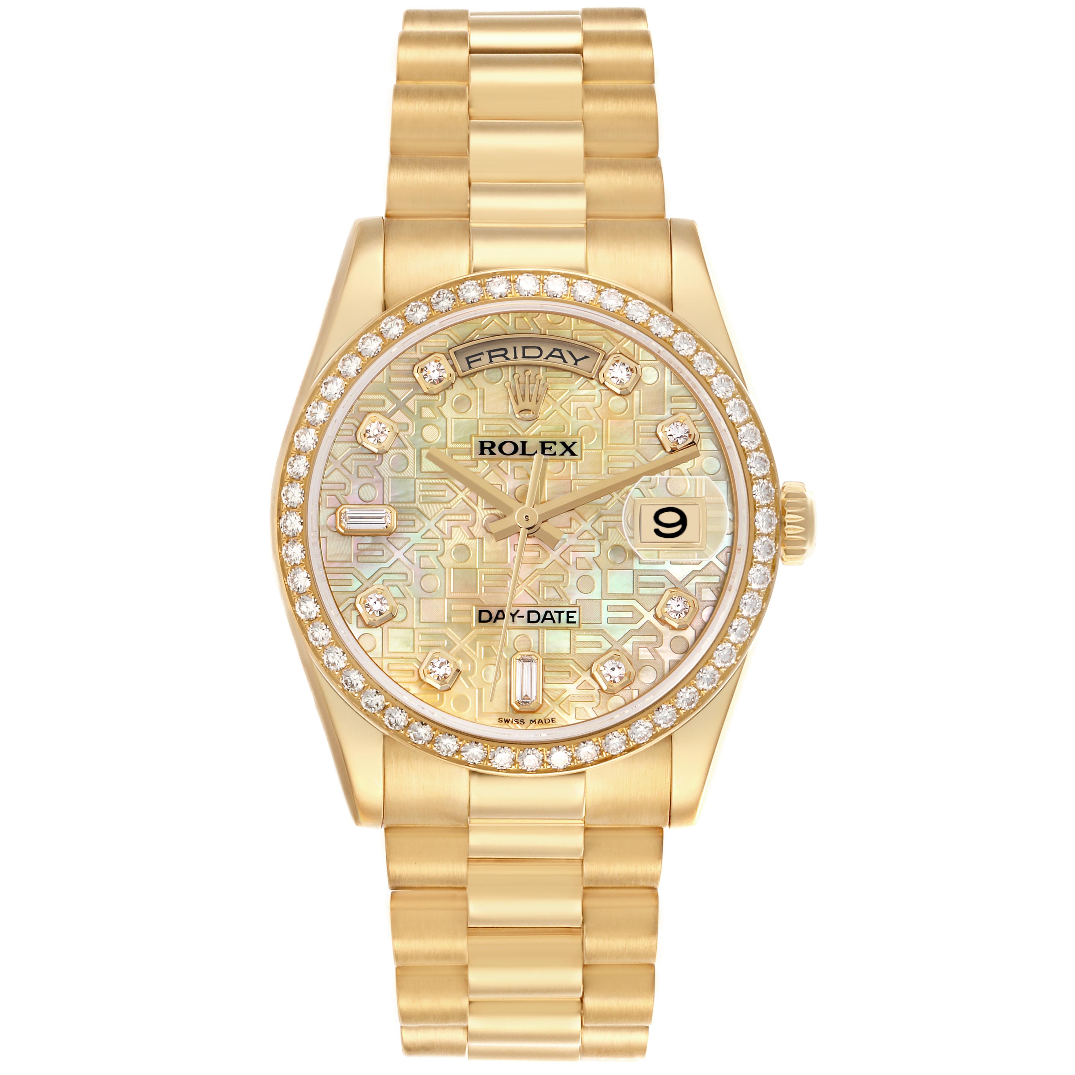 The Rolex President 118348 Men's Yellow Gold Mother of Pearl Dial 118348 Men's Yellow Gold Mother of Pearl Dial model is shown from a front angle, highlighting its gold bracelet, diamond bezel, and detailed day-date dial.