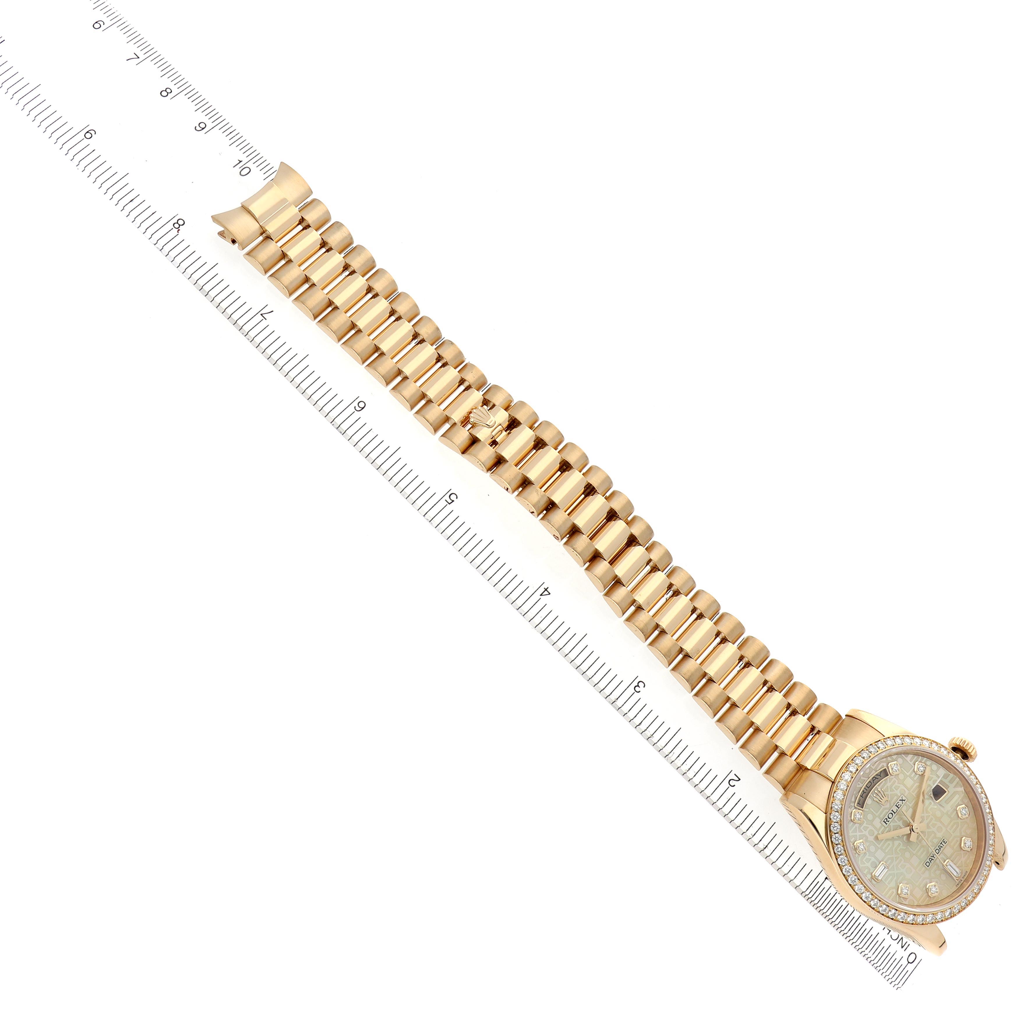 The Rolex President 118348 Men's Yellow Gold Mother of Pearl Dial 118348 Men's Yellow Gold Mother of Pearl Dial watch is shown from a top view, highlighting the bracelet and dial next to a ruler for size reference.