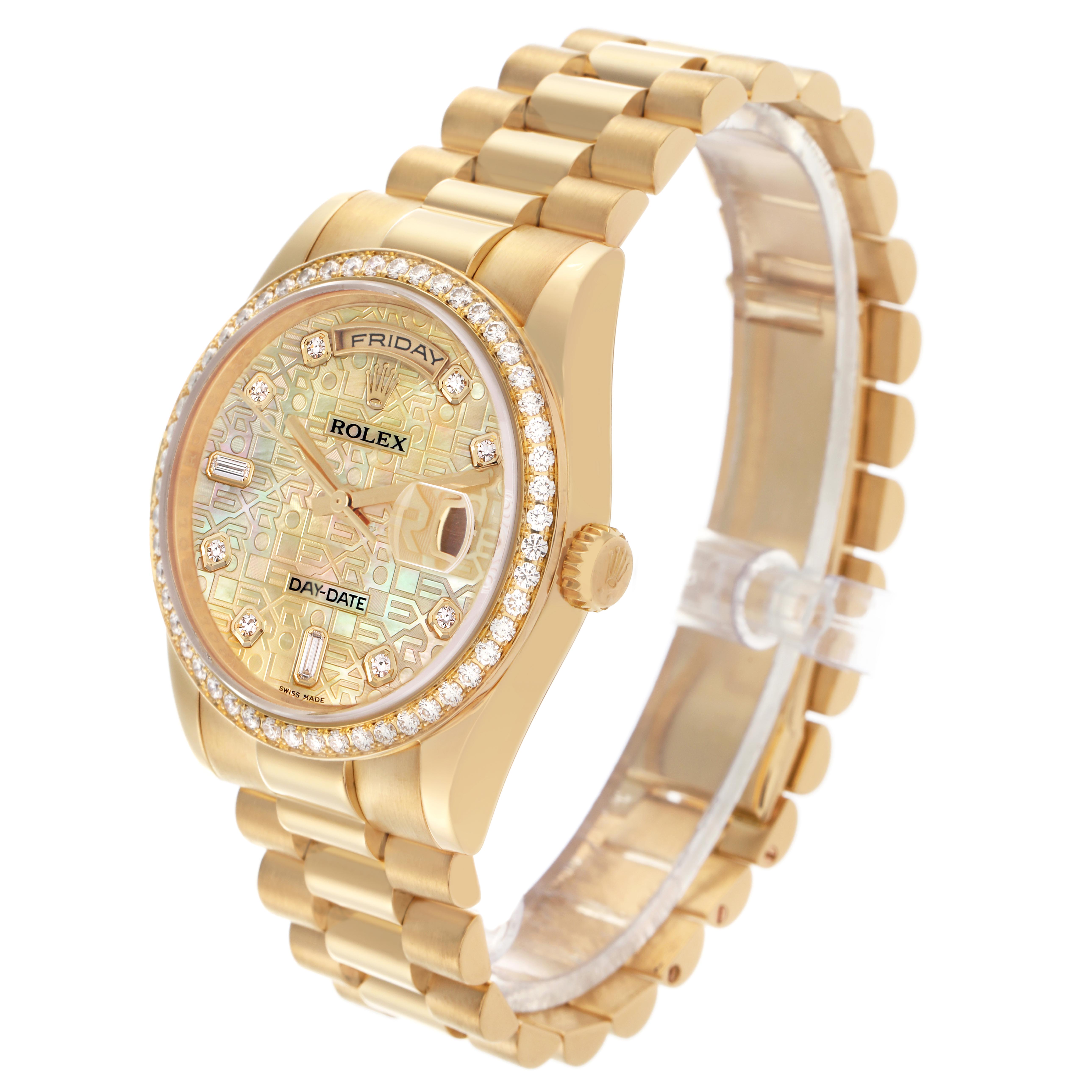 The Rolex President 118348 Men's Yellow Gold Mother of Pearl Dial 118348 Men's Yellow Gold Mother of Pearl Dial watch is shown in a three-quarter angle, highlighting its gold bracelet, diamond-set bezel, and detailed dial.