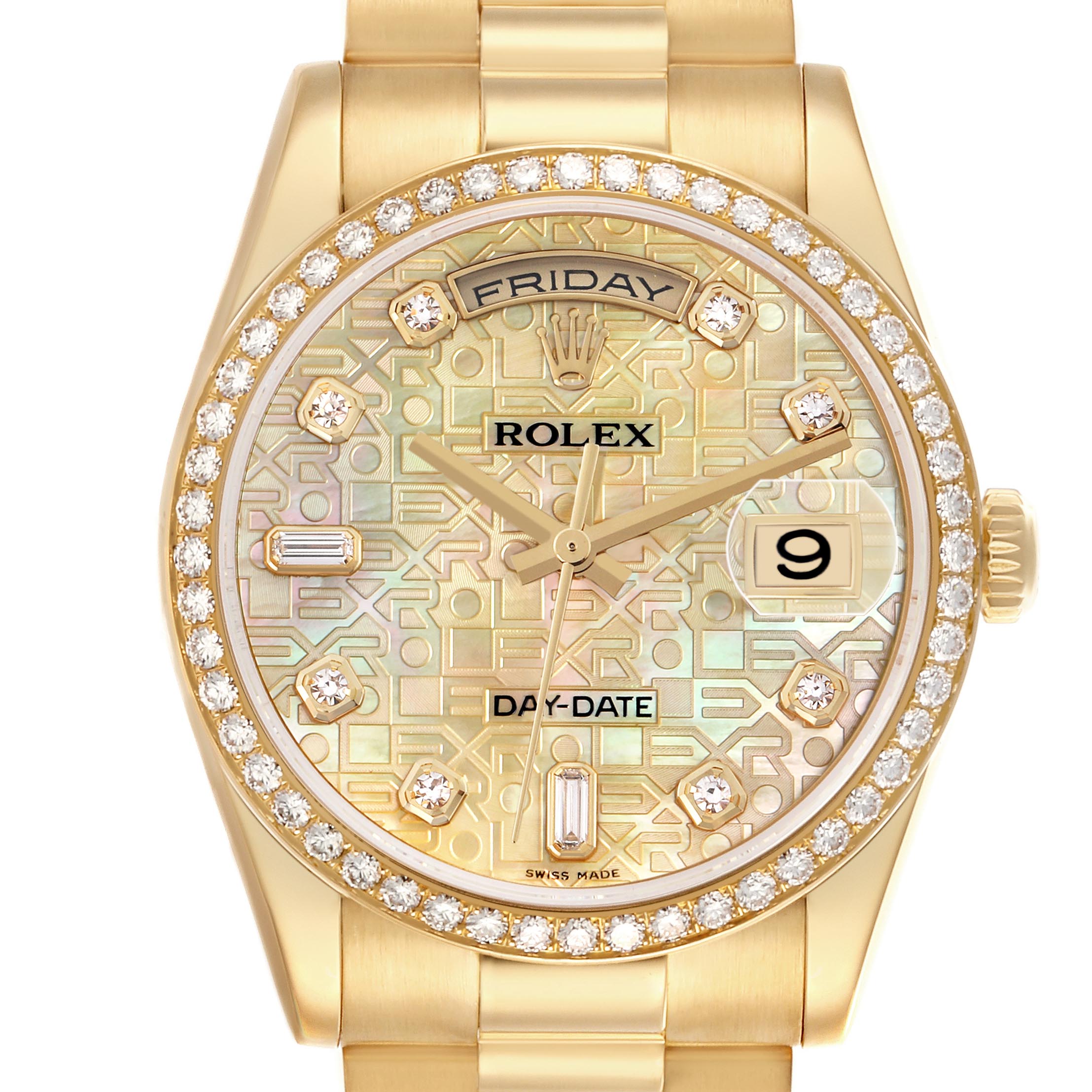 The Rolex President 118348 Men's Yellow Gold Mother of Pearl Dial 118348 Men's Yellow Gold Mother of Pearl Dial watch is shown from the front, highlighting its dial, bezel, and bracelet.
