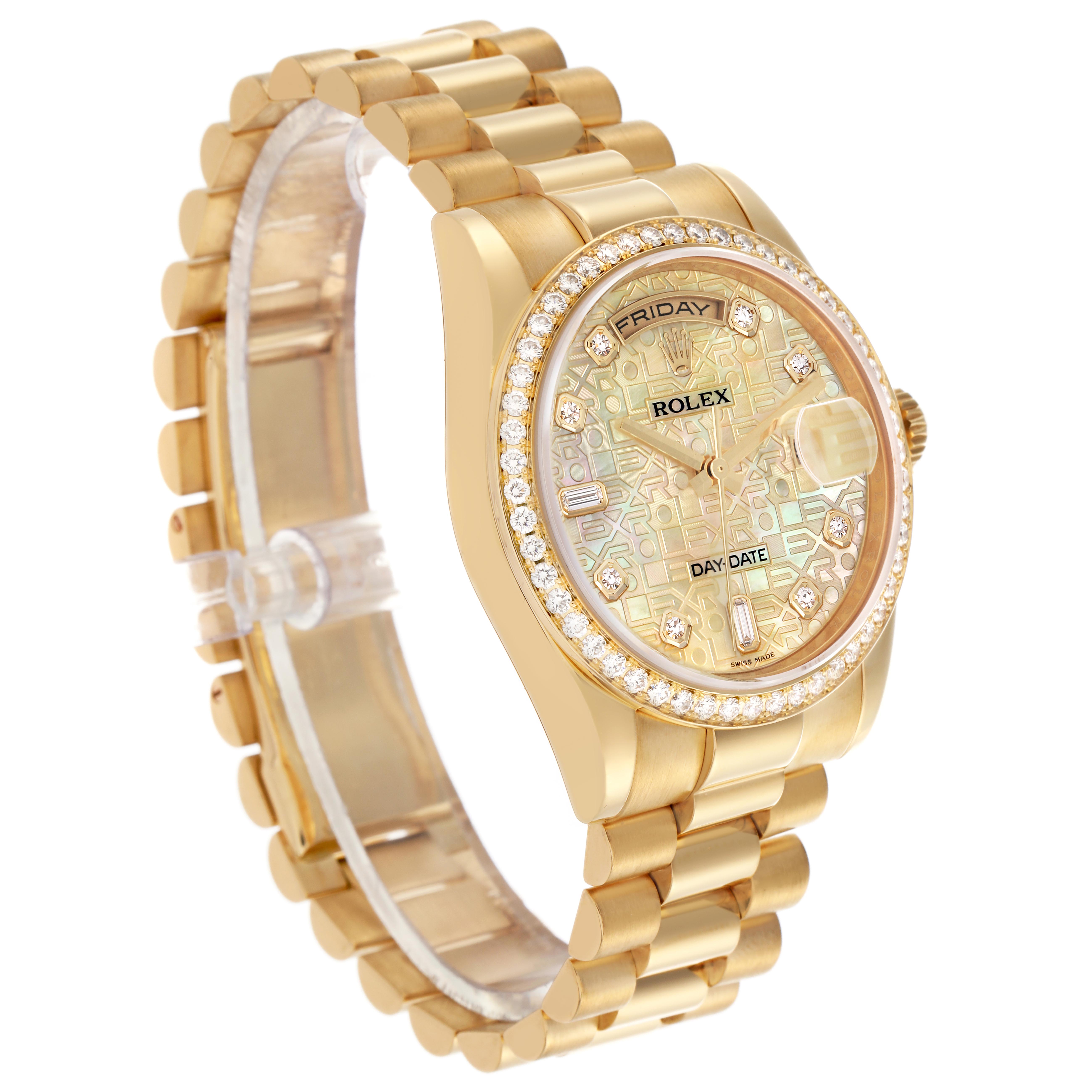 The Rolex President 118348 Men's Yellow Gold Mother of Pearl Dial 118348 Men's Yellow Gold Mother of Pearl Dial watch is shown from a side angle, highlighting the bracelet, bezel, and face with day and date features.