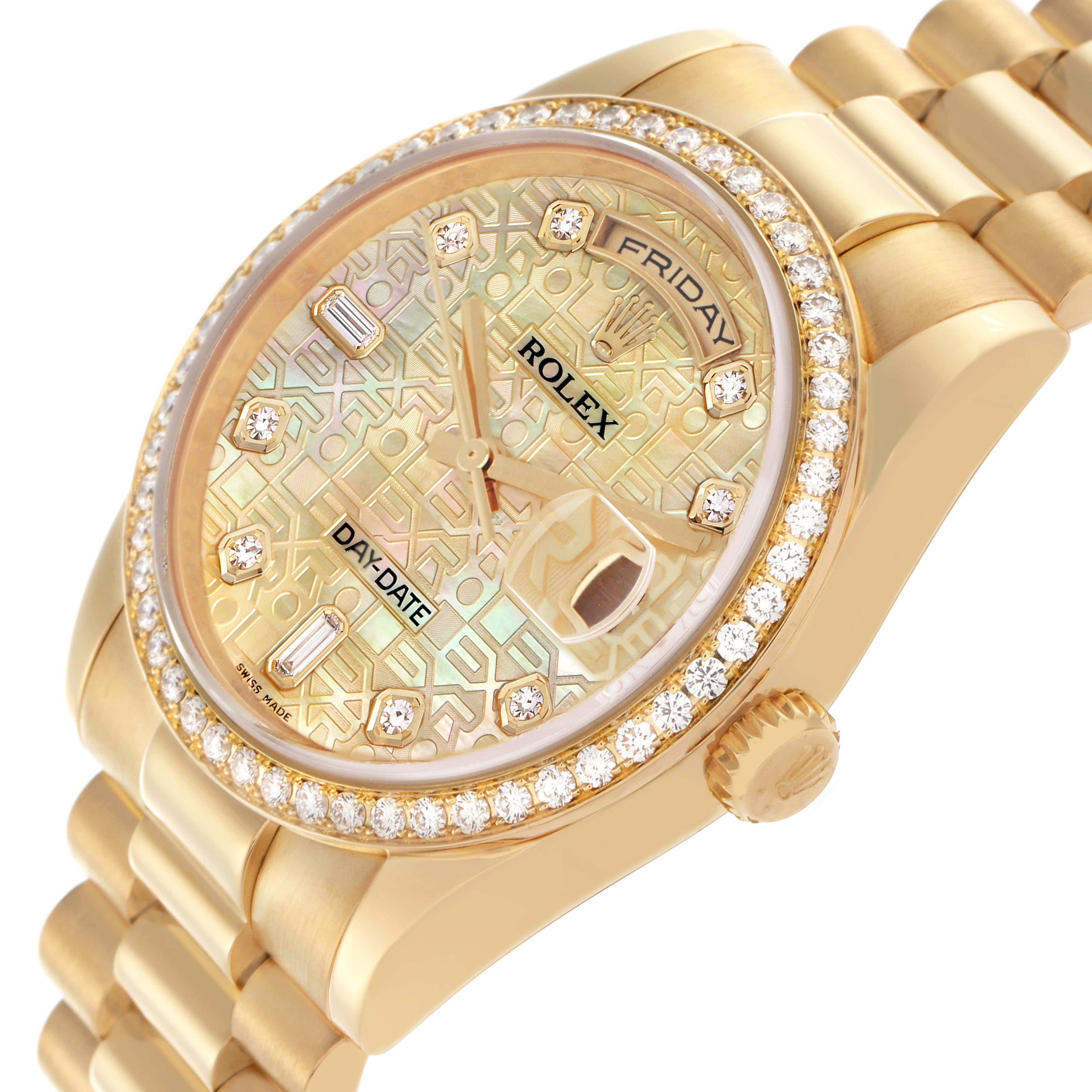 The Rolex President 118348 Men's Yellow Gold Mother of Pearl Dial 118348 Men's Yellow Gold Mother of Pearl Dial model is shown at a slight angled top view, displaying the face, bezel, and part of the bracelet.