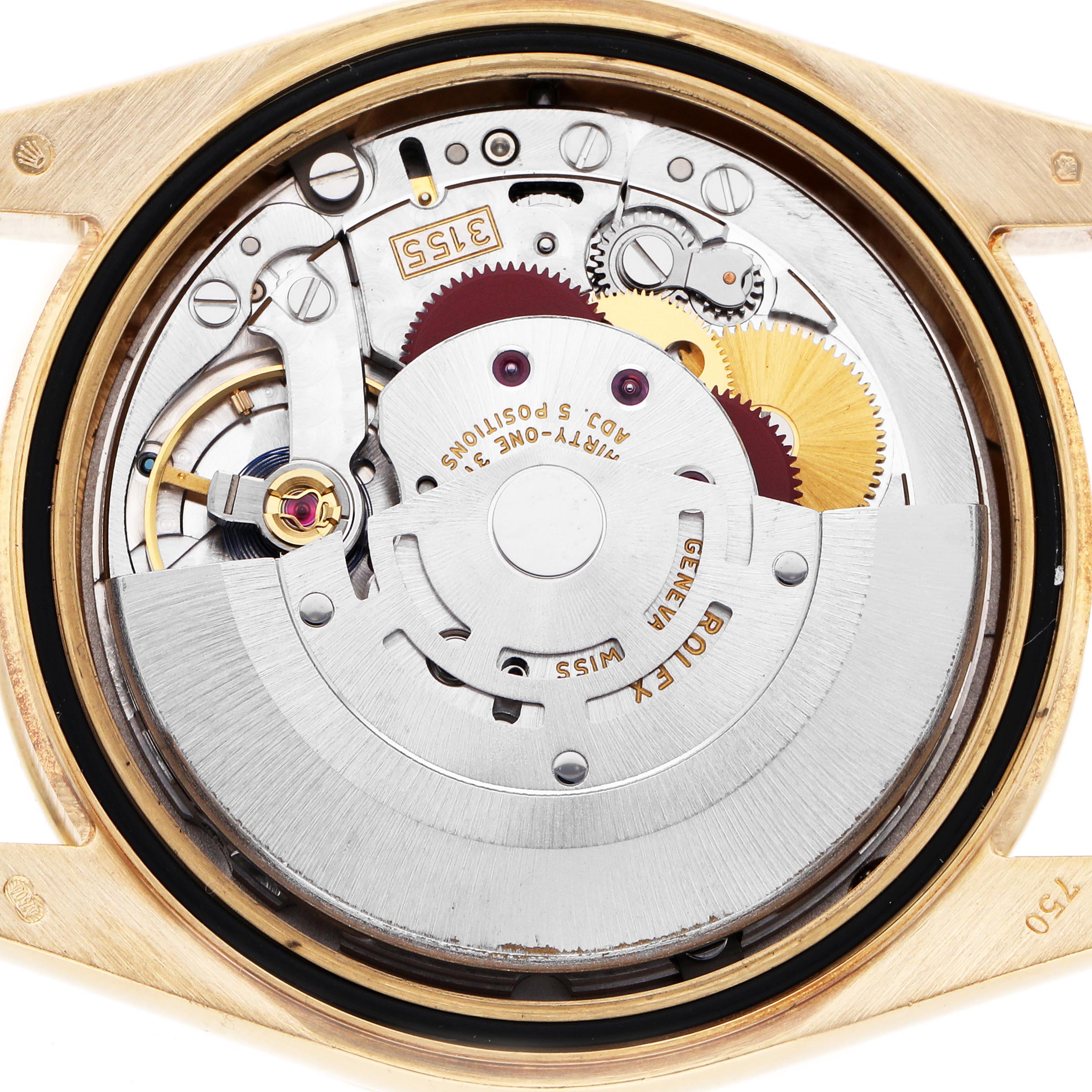 The image shows the Rolex President 118348 Men's Yellow Gold Mother of Pearl Dial 118348 Men's Yellow Gold Mother of Pearl Dial model's movement from a top-down angle, displaying gears and the rotor.