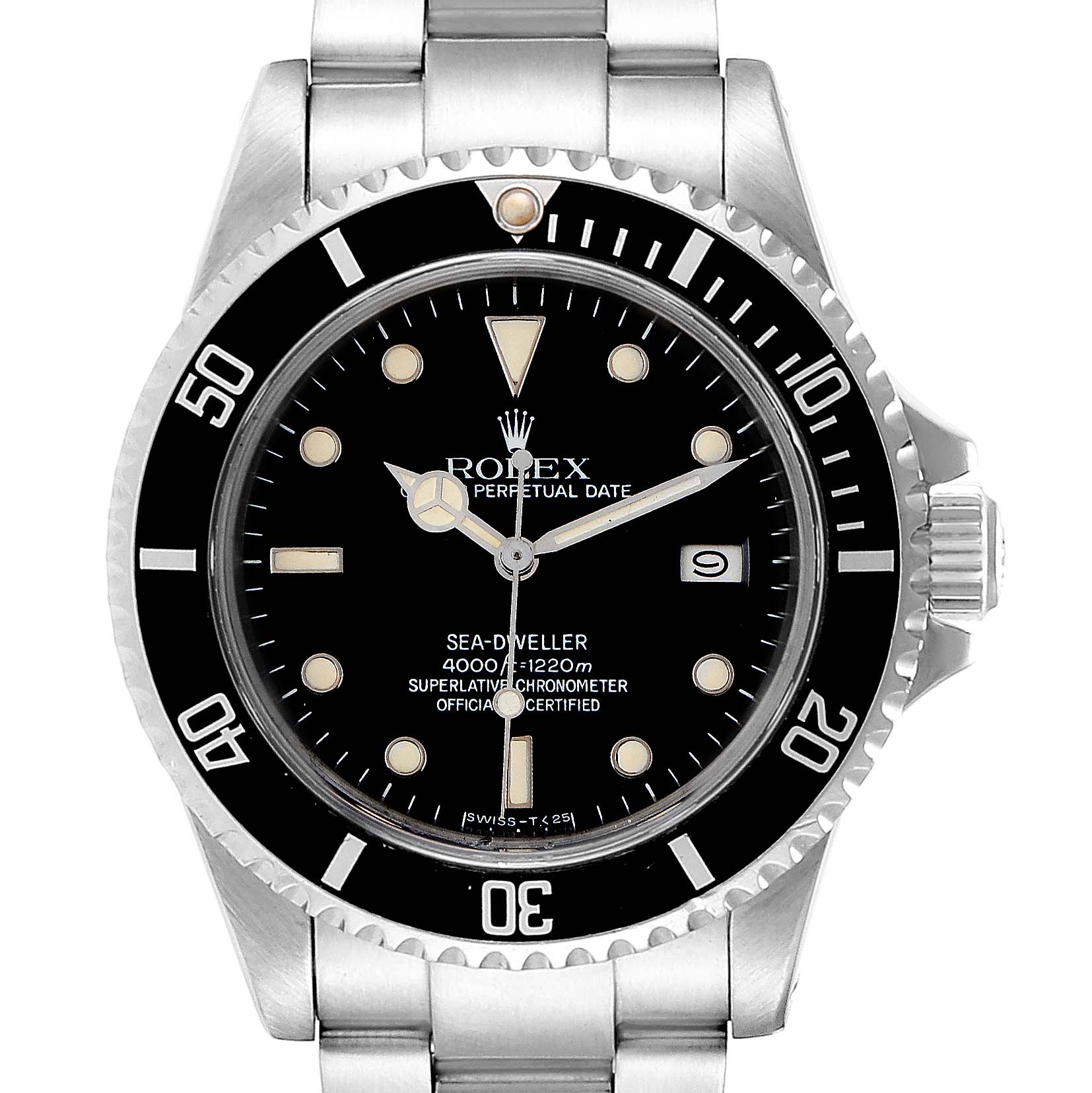 This is a front view of the Rolex 16660 Men's Stainless Steel Black Dial 16660 Men's Stainless Steel Black Dial Seadweller Automatic Steel Vintage Men's Watch 16660, displaying the dial, bezel, and part of the bracelet.