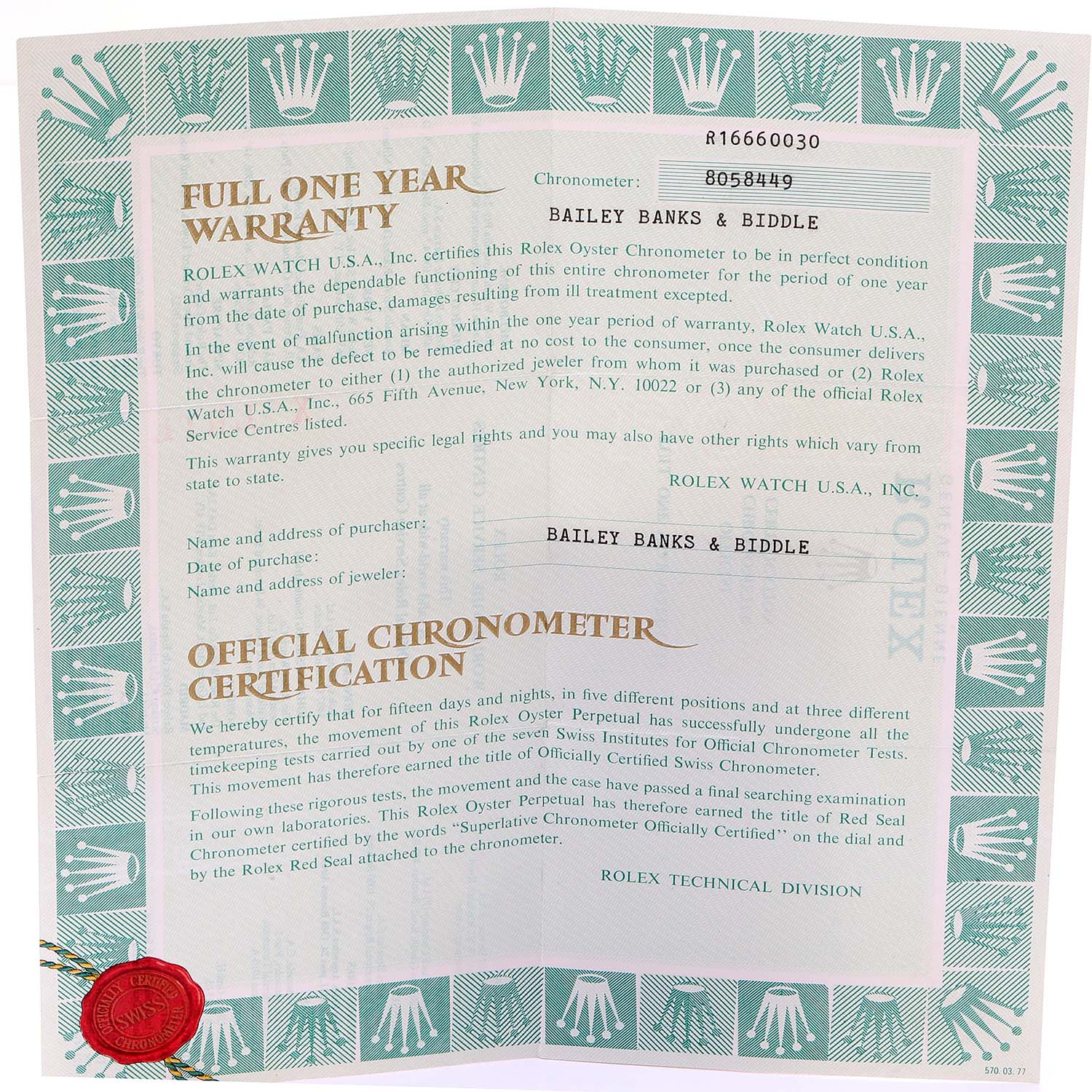 The image shows warranty and chronometer certification papers for a Rolex 16660 Men's Stainless Steel Black Dial 16660 Men's Stainless Steel Black Dial Seadweller Automatic Steel Vintage Men's Watch 16660.