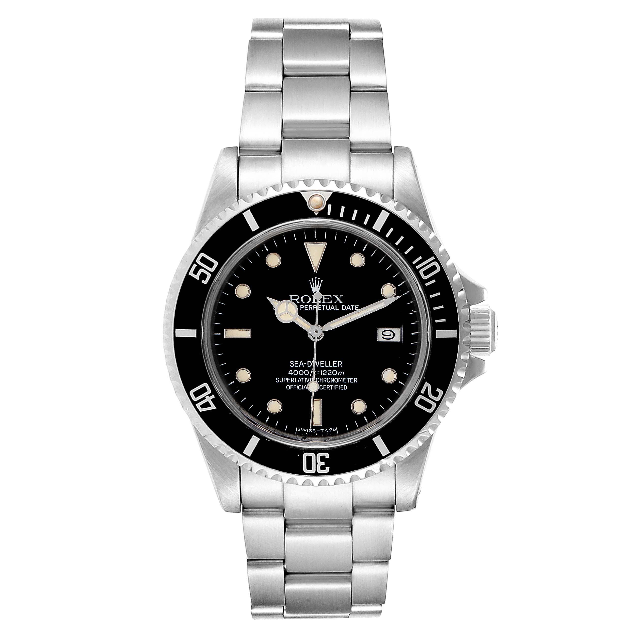 The image shows a frontal view of a Rolex 16660 Men's Stainless Steel Black Dial 16660 Men's Stainless Steel Black Dial Seadweller Automatic Steel Vintage Mens Watch 16660, displaying the face and bracelet.