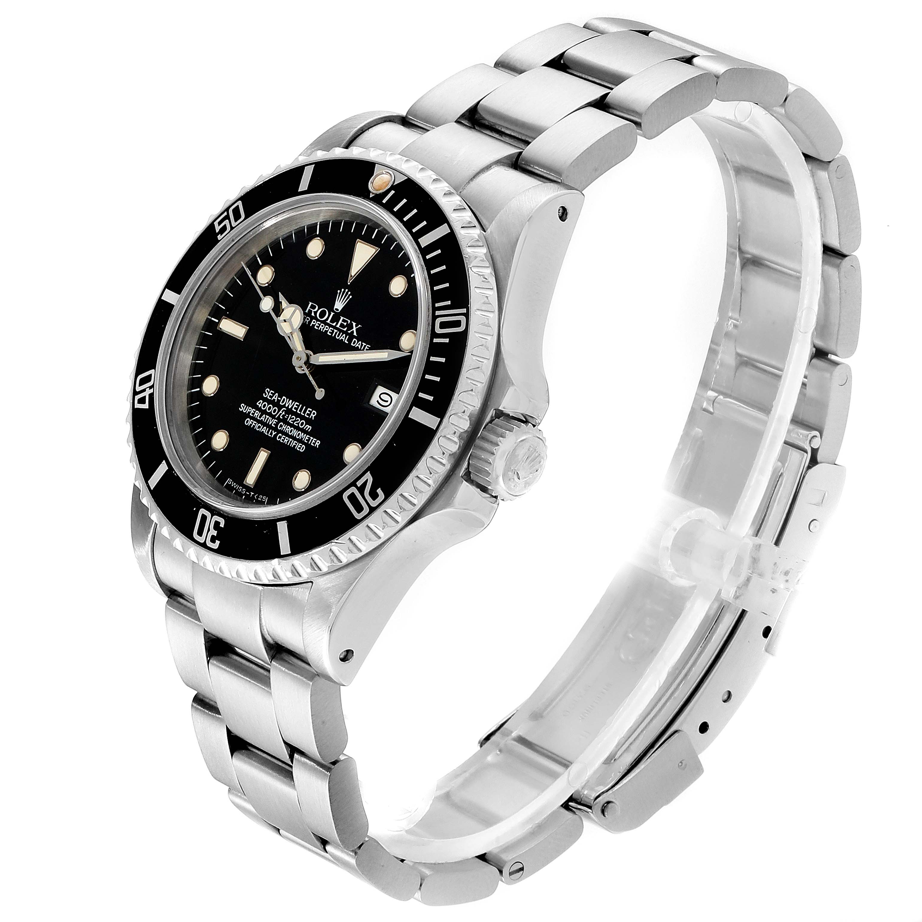 The Rolex 16660 Men's Stainless Steel Black Dial 16660 Men's Stainless Steel Black Dial Seadweller Automatic Steel Vintage Mens Watch 16660 is shown at a three-quarter angle, highlighting the face, crown, and bracelet.
