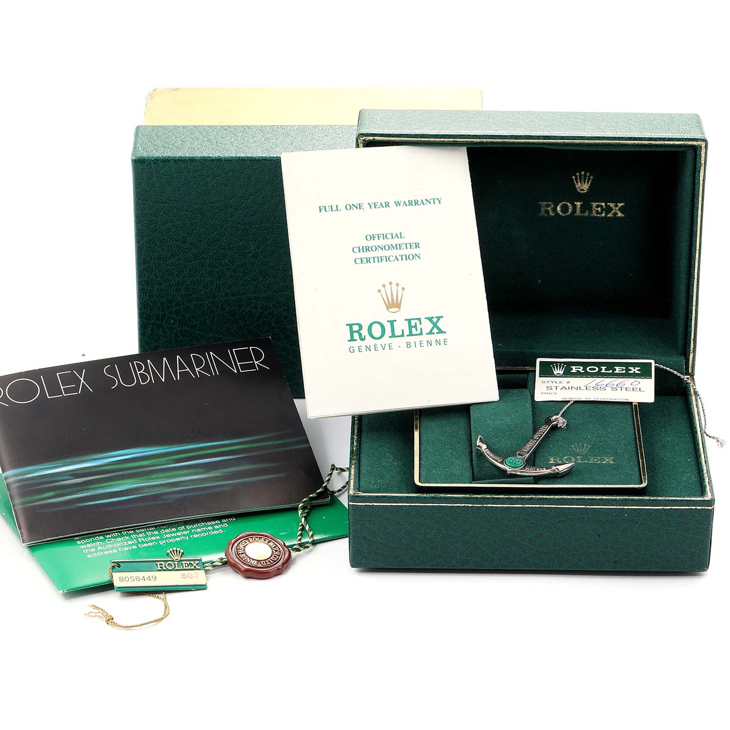 The image shows the box and papers of a Rolex 16660 Men's Stainless Steel Black Dial 16660 Men's Stainless Steel Black Dial Seadweller Automatic Steel Vintage Mens Watch 16660.