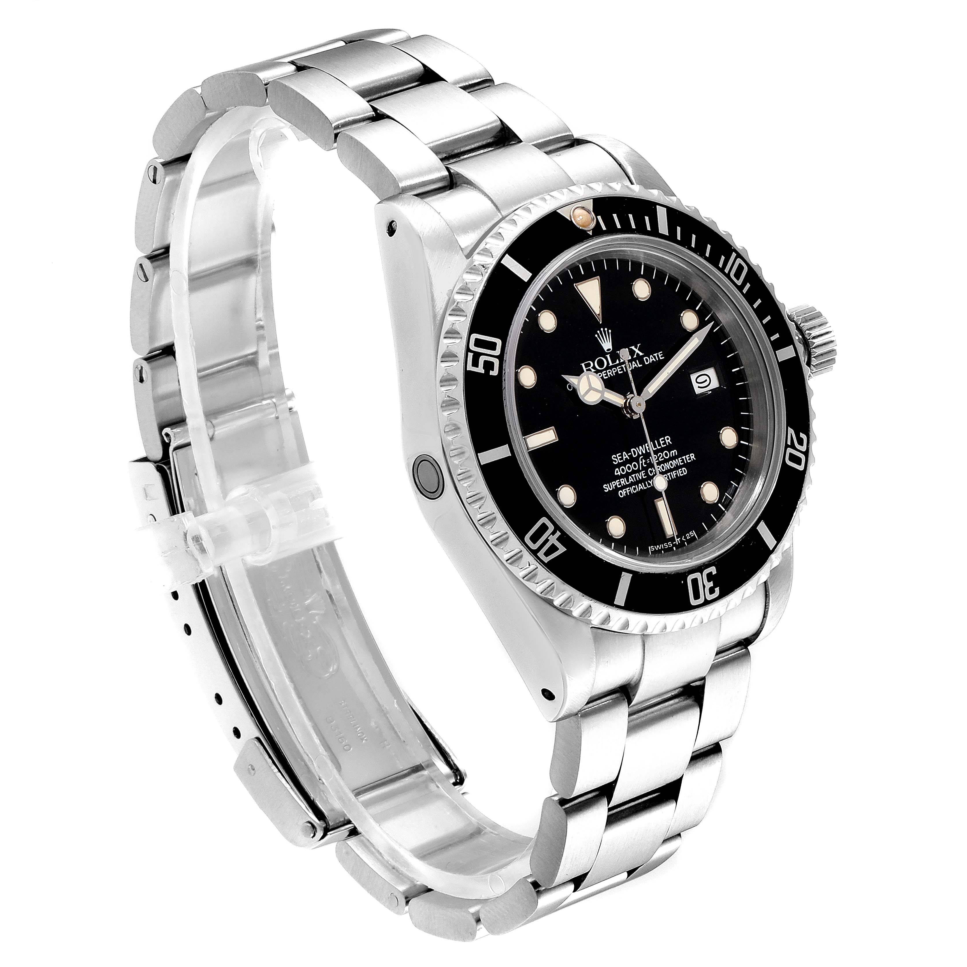 The image shows a side-angle view of the Rolex 16660 Men's Stainless Steel Black Dial 16660 Men's Stainless Steel Black Dial Seadweller Automatic Steel Vintage Mens Watch 16660, highlighting its bracelet and bezel.