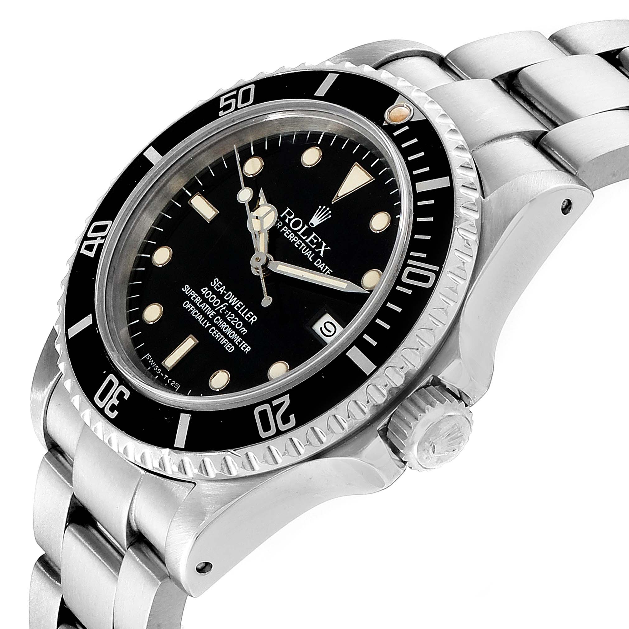 The image shows a close-up angled view of the face and side of the Rolex 16660 Men's Stainless Steel Black Dial 16660 Men's Stainless Steel Black Dial Seadweller Automatic Steel Vintage Mens Watch 16660, highlighting the bezel, crown, and bracelet.