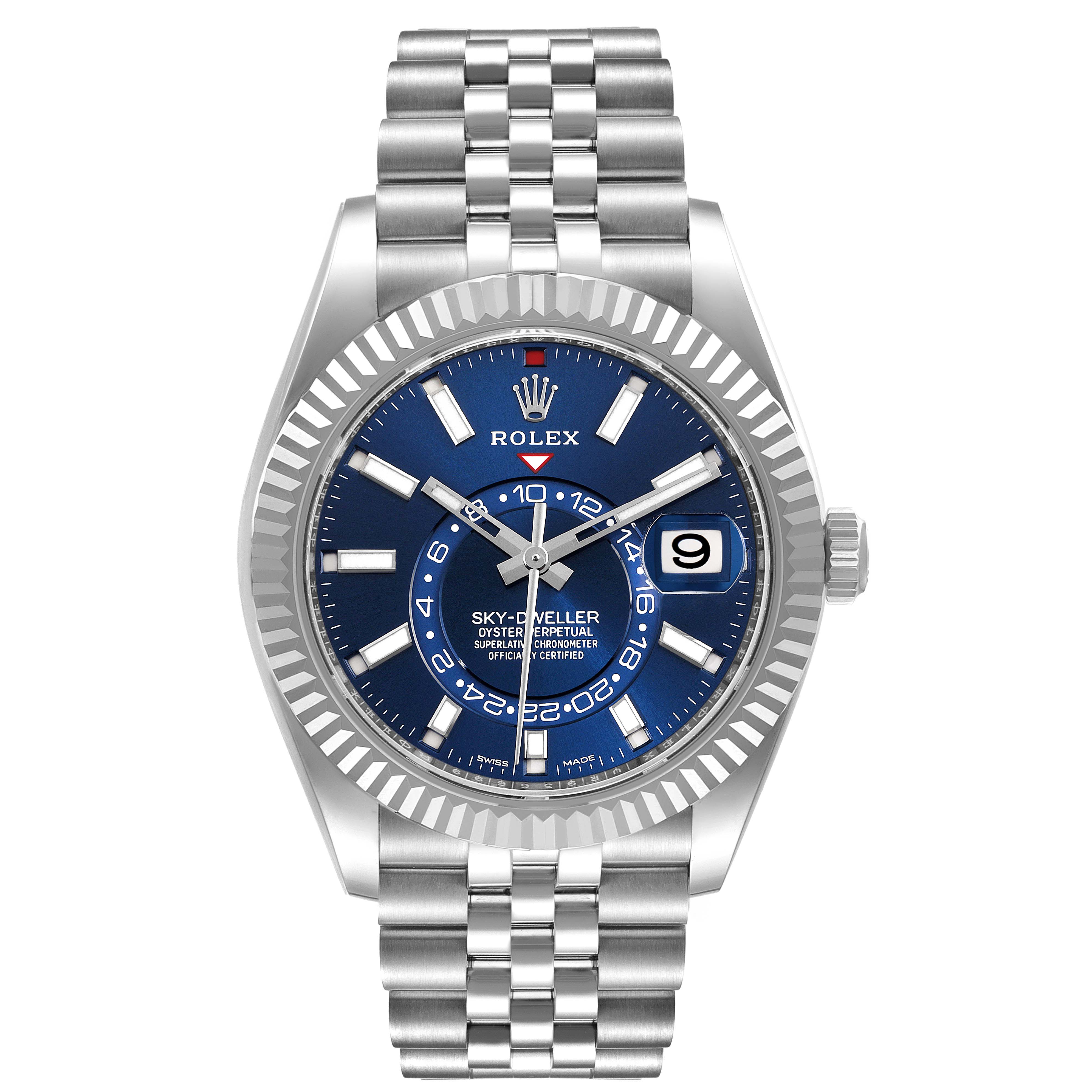 The image shows a front view of a Rolex Sky-Dweller 326934 Men's Stainless Steel Blue Dial 326934 Men's Stainless Steel Blue Dial watch with a blue dial and stainless steel bracelet.