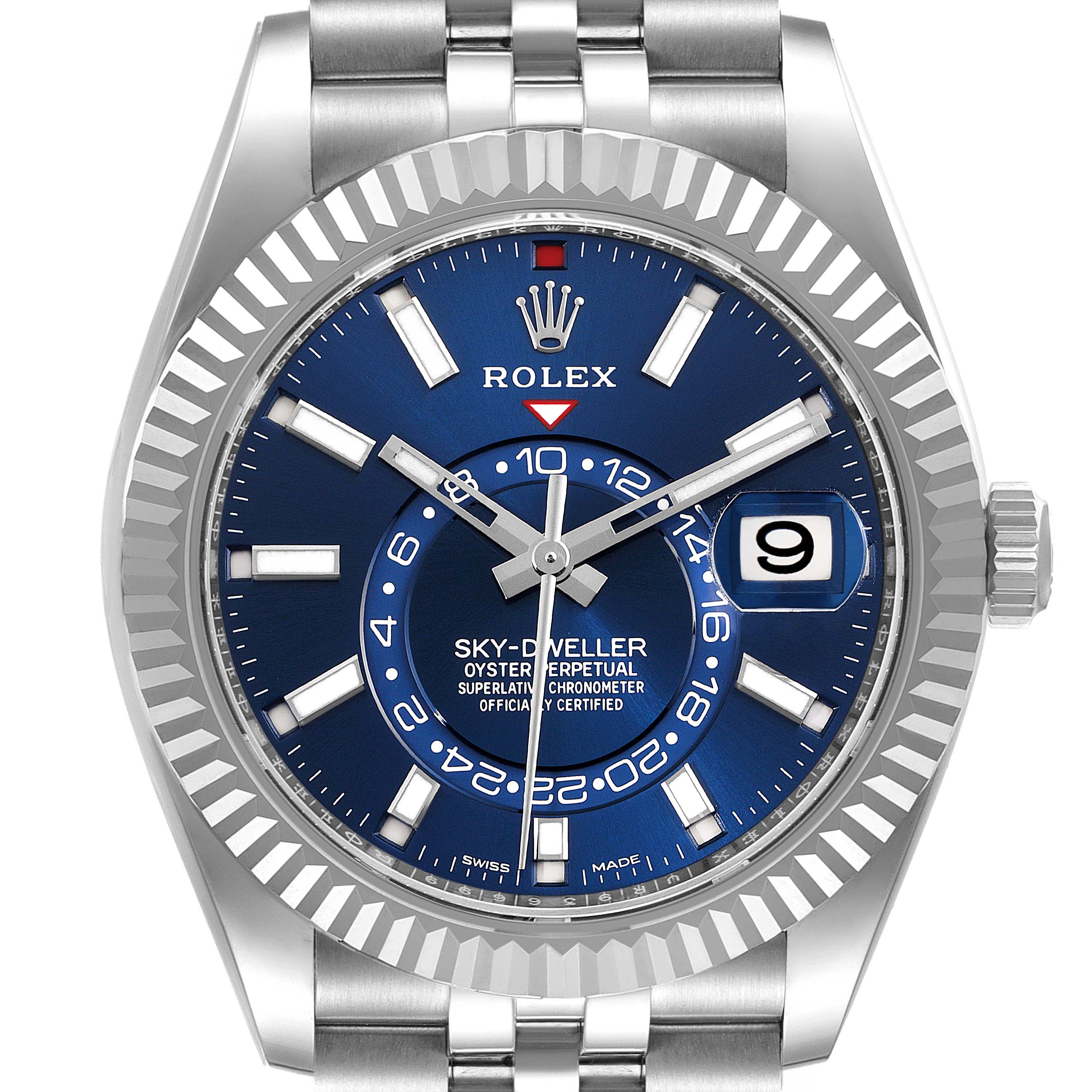 The image shows the face and part of the bracelet of a Rolex Sky-Dweller 326934 Men's Stainless Steel Blue Dial 326934 Men's Stainless Steel Blue Dial watch, taken from a straight-on angle.