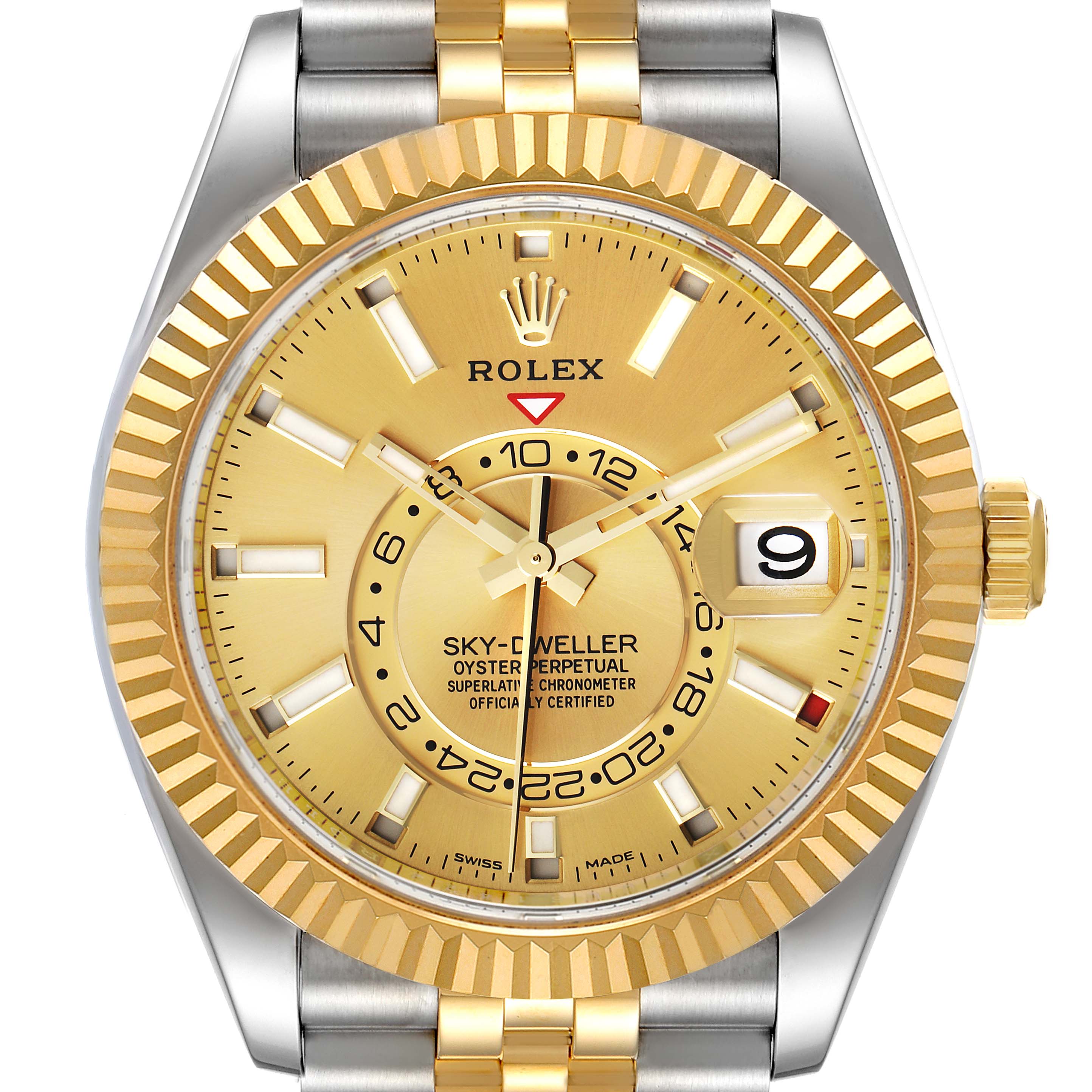 The image shows a front view of a Rolex Sky-Dweller 326933 Men's Steel and Gold (two tone) Champagne Dial 326933 Men's Steel and Gold (two tone) Champagne Dial watch, highlighting its gold dial, two-tone bracelet, and fluted bezel.