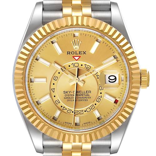 Photo of Rolex Sky Dweller Yellow Gold Steel Champagne Dial Mens Watch 326933 Box Card
