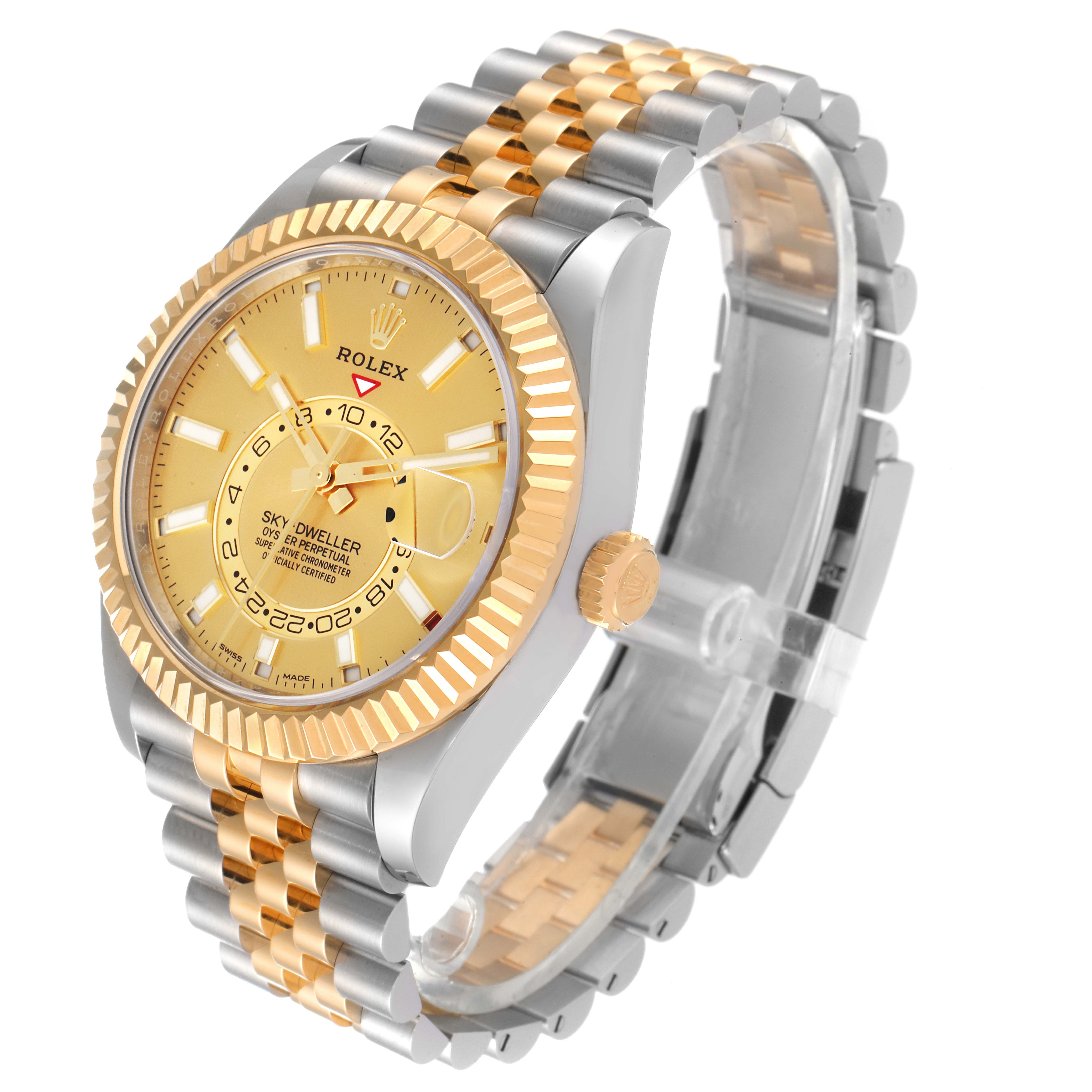The image shows a Rolex Sky-Dweller 326933 Men's Steel and Gold (two tone) Champagne Dial 326933 Men's Steel and Gold (two tone) Champagne Dial watch at a three-quarter angle emphasizing its gold bezel, dial, and two-tone bracelet.
