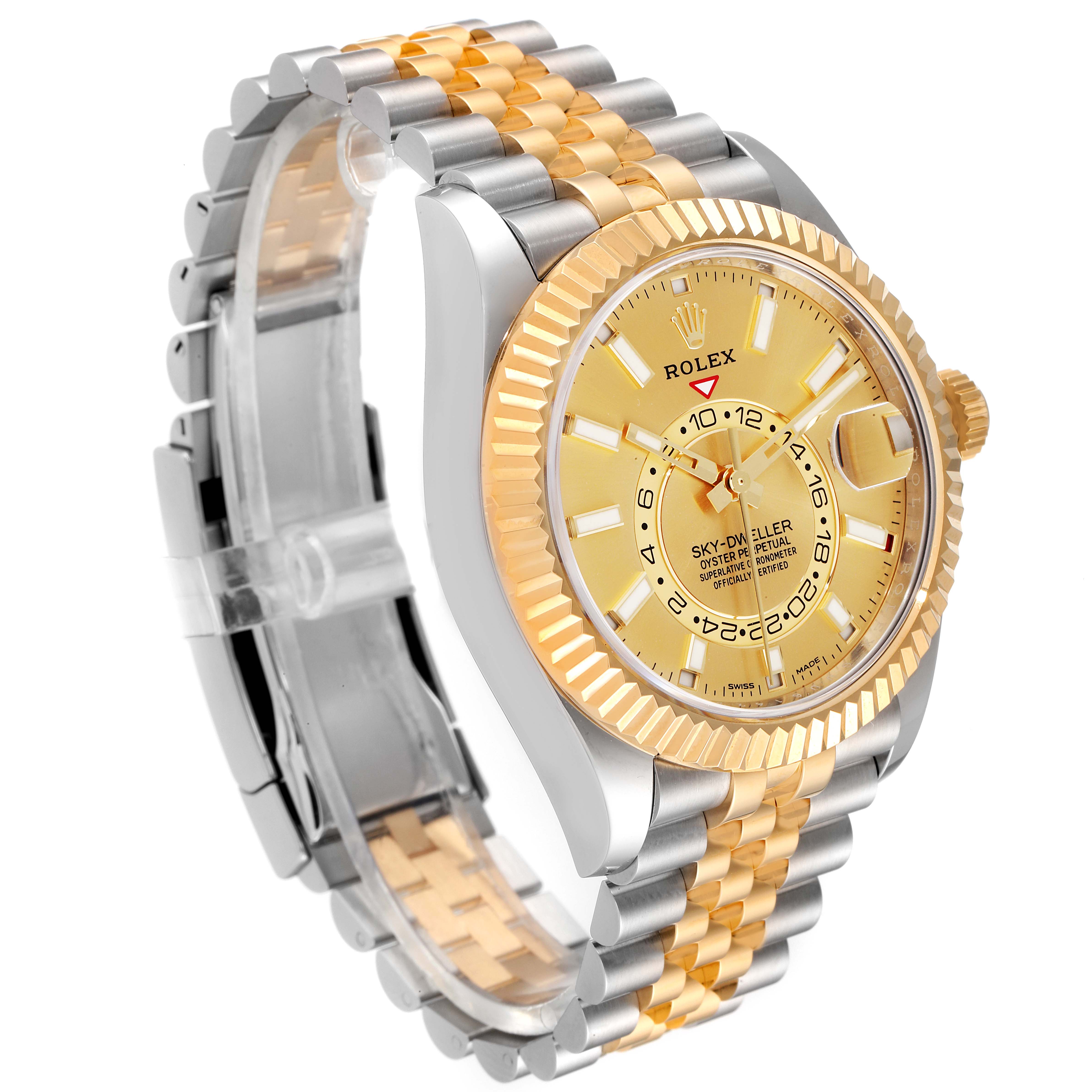 This image shows a side-angle view of a Rolex Sky-Dweller 326933 Men's Steel and Gold (two tone) Champagne Dial 326933 Men's Steel and Gold (two tone) Champagne Dial watch, highlighting its gold and silver bracelet, fluted bezel, and face.