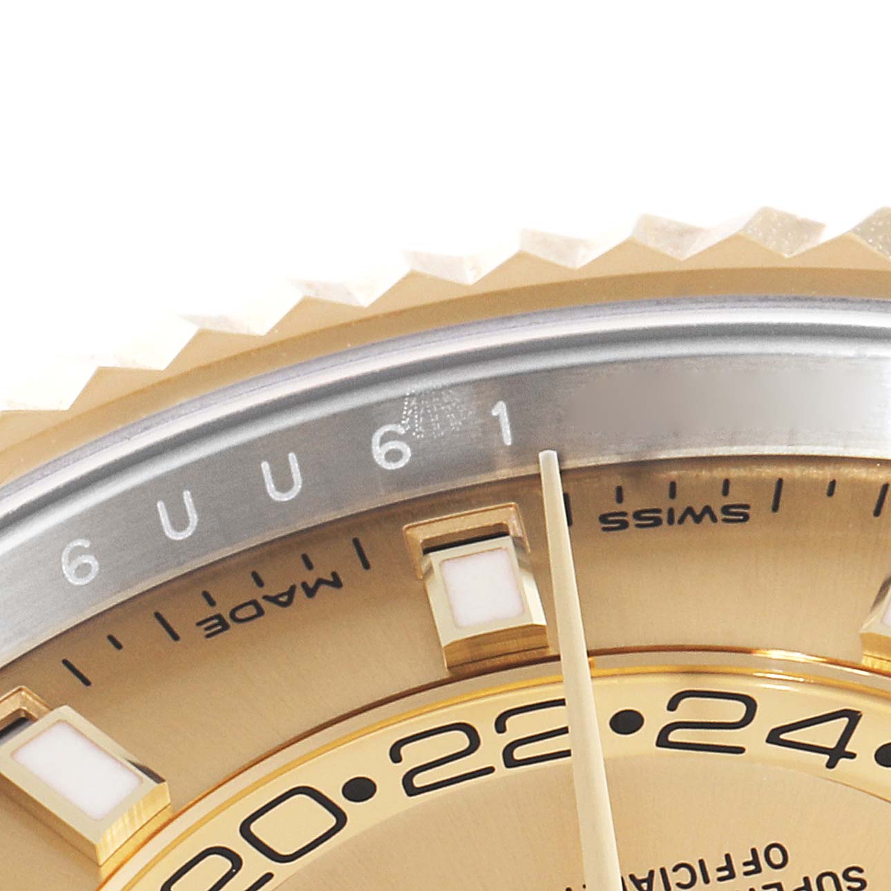 This image shows a close-up of the dial and bezel of a Rolex Sky-Dweller 326933 Men's Steel and Gold (two tone) Champagne Dial 326933 Men's Steel and Gold (two tone) Champagne Dial watch.