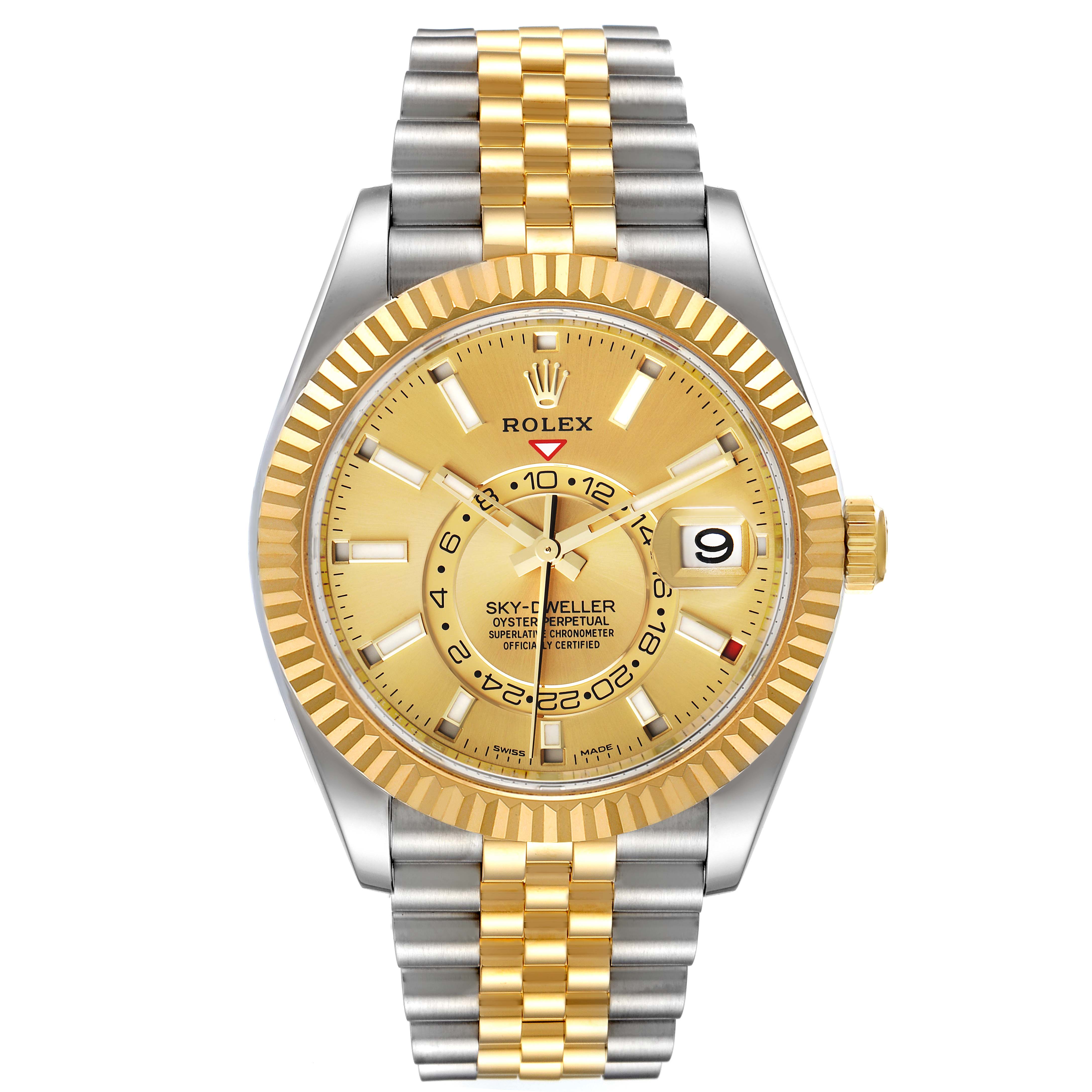 The image shows a front view of the Rolex Sky-Dweller 326933 Men's Steel and Gold (two tone) Champagne Dial 326933 Men's Steel and Gold (two tone) Champagne Dial watch, featuring a gold dial, fluted bezel, and two-tone bracelet.