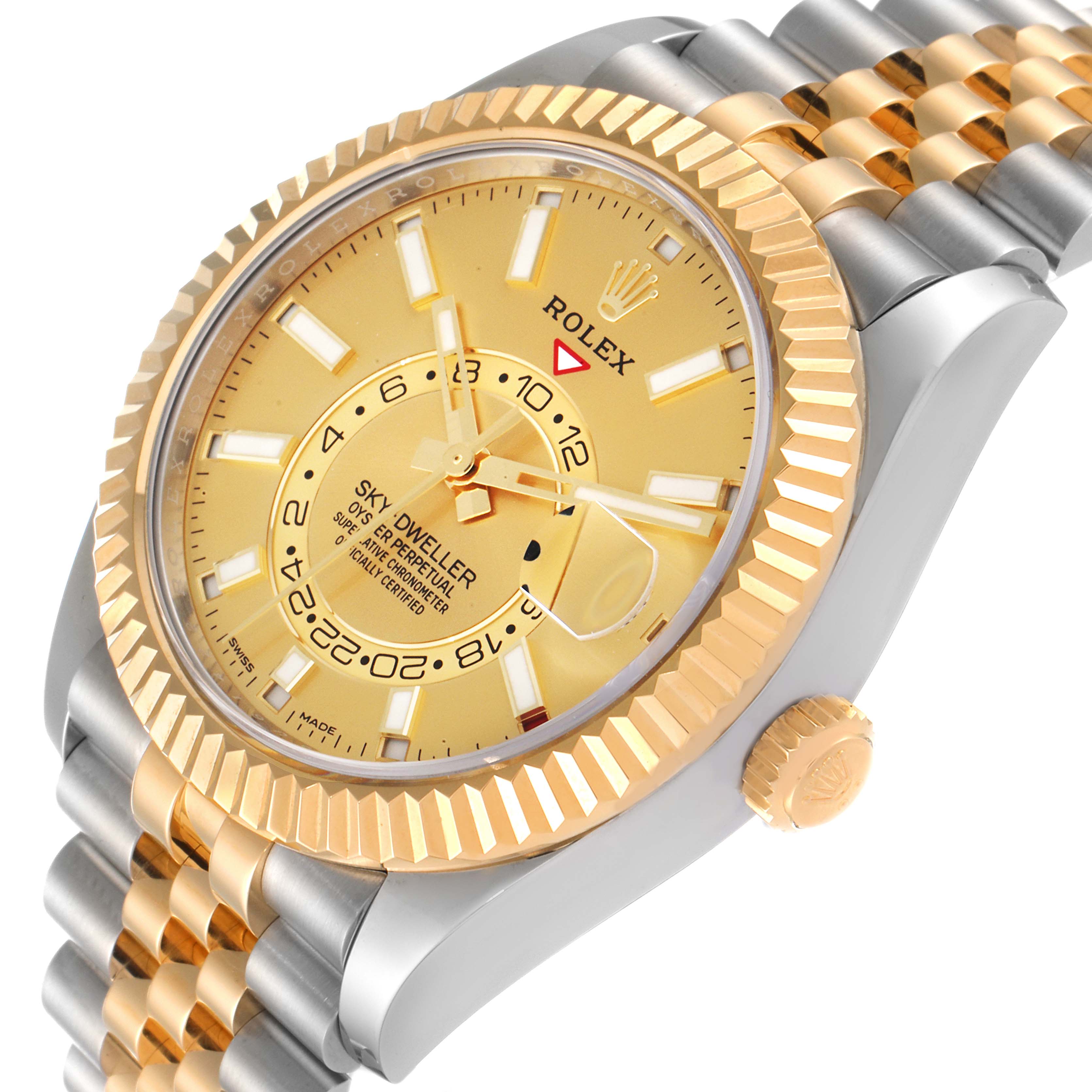 The image shows a gold Rolex Sky-Dweller 326933 Men's Steel and Gold (two tone) Champagne Dial 326933 Men's Steel and Gold (two tone) Champagne Dial watch at a slight angle, highlighting the dial, bezel, crown, and part of the bracelet.