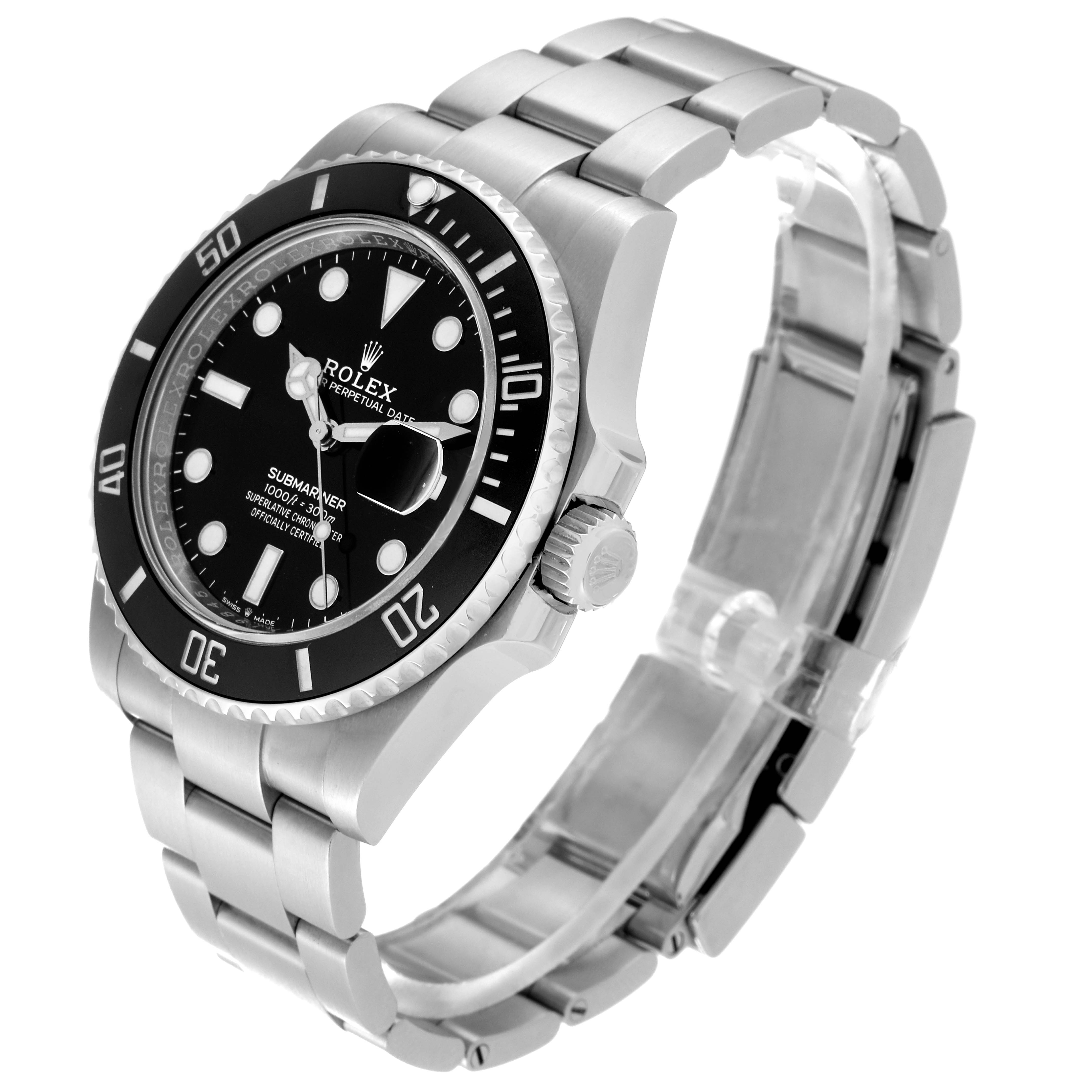 The Rolex Submariner 126610LN Men
s Stainless Steel Black Dial 126610LN Men
s Stainless Steel Black Dial watch is shown at an angle highlighting its face, bezel, crown, and metal bracelet.