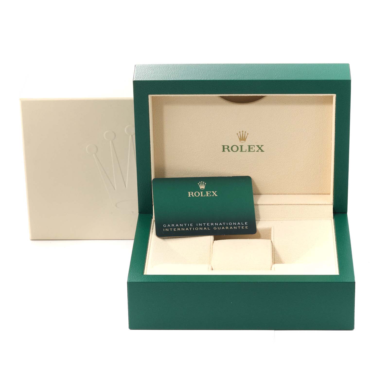 The image shows the open box and the warranty card for a Rolex Submariner 126610LN Men
s Stainless Steel Black Dial 126610LN Men
s Stainless Steel Black Dial watch, viewed from the front.