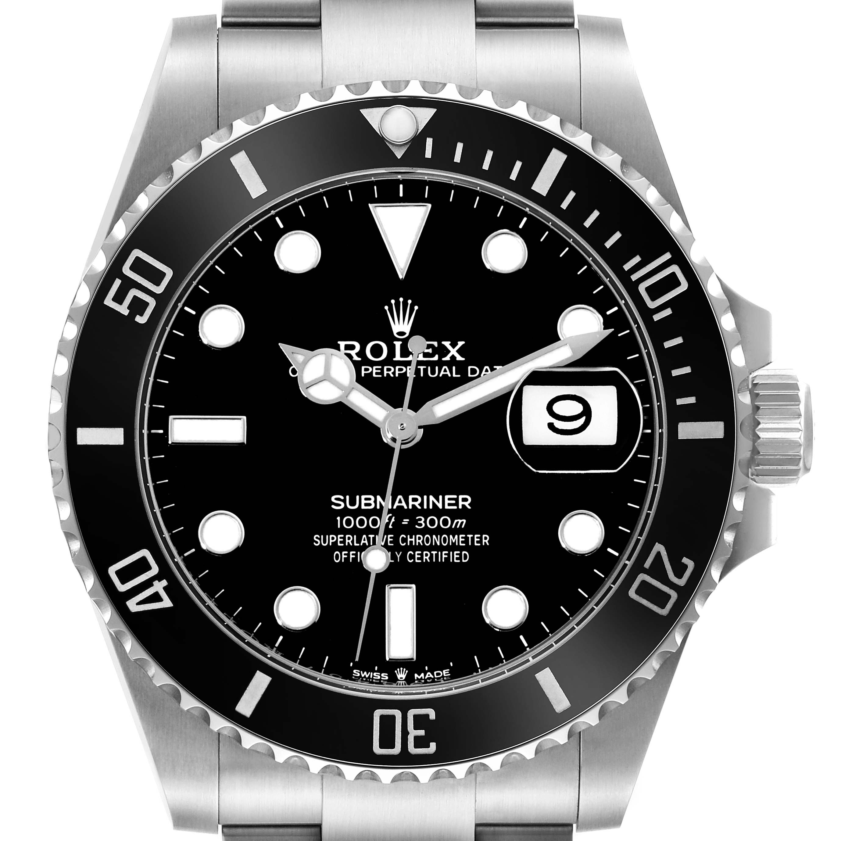 The image shows a front view of the Rolex Submariner 126610LN Men
s Stainless Steel Black Dial 126610LN Men
s Stainless Steel Black Dial watch, highlighting the dial, bezel, and part of the bracelet.