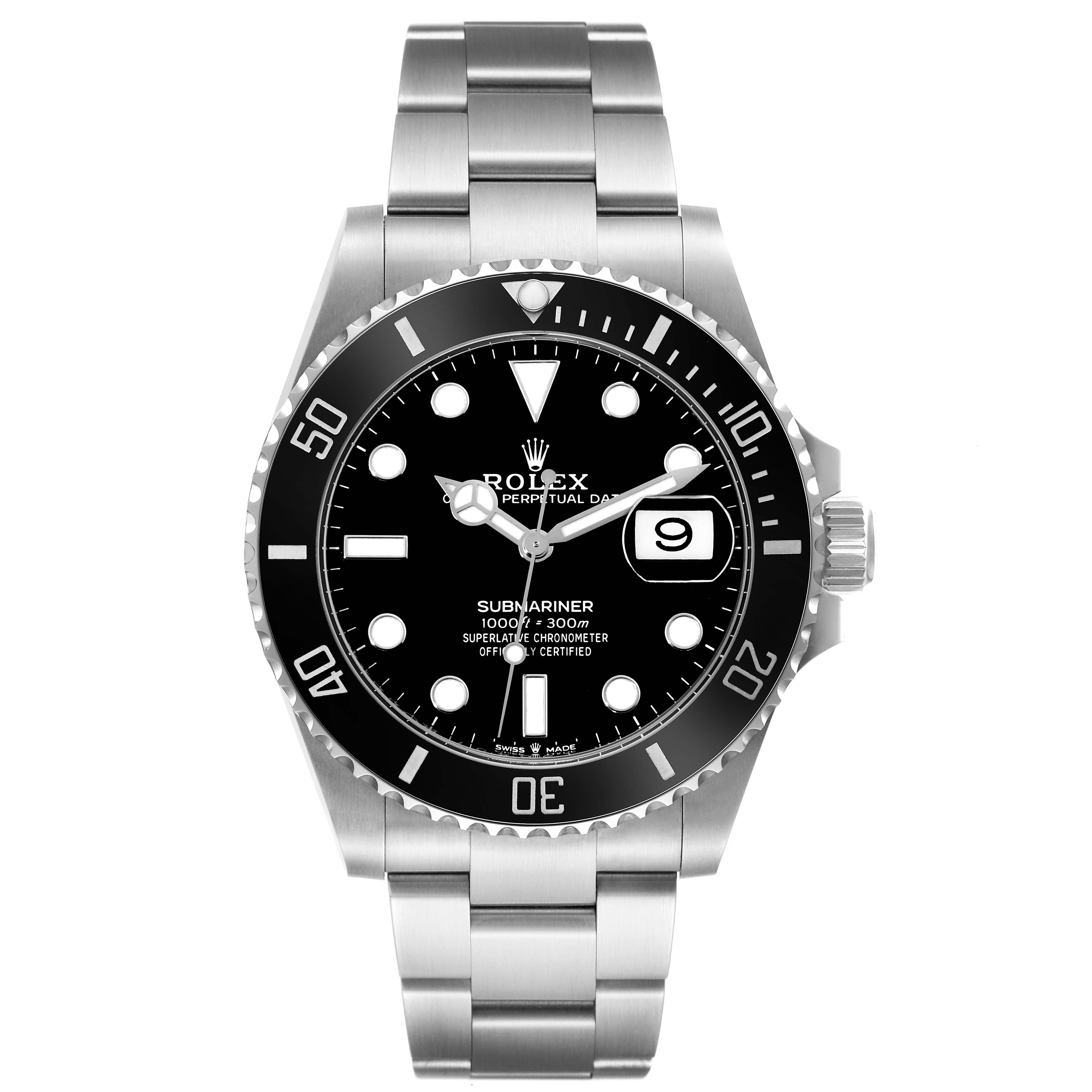 The image shows a front view of a Rolex Submariner 126610LN Men
s Stainless Steel Black Dial 126610LN Men
s Stainless Steel Black Dial watch, highlighting its black dial, bezel, and stainless steel bracelet.