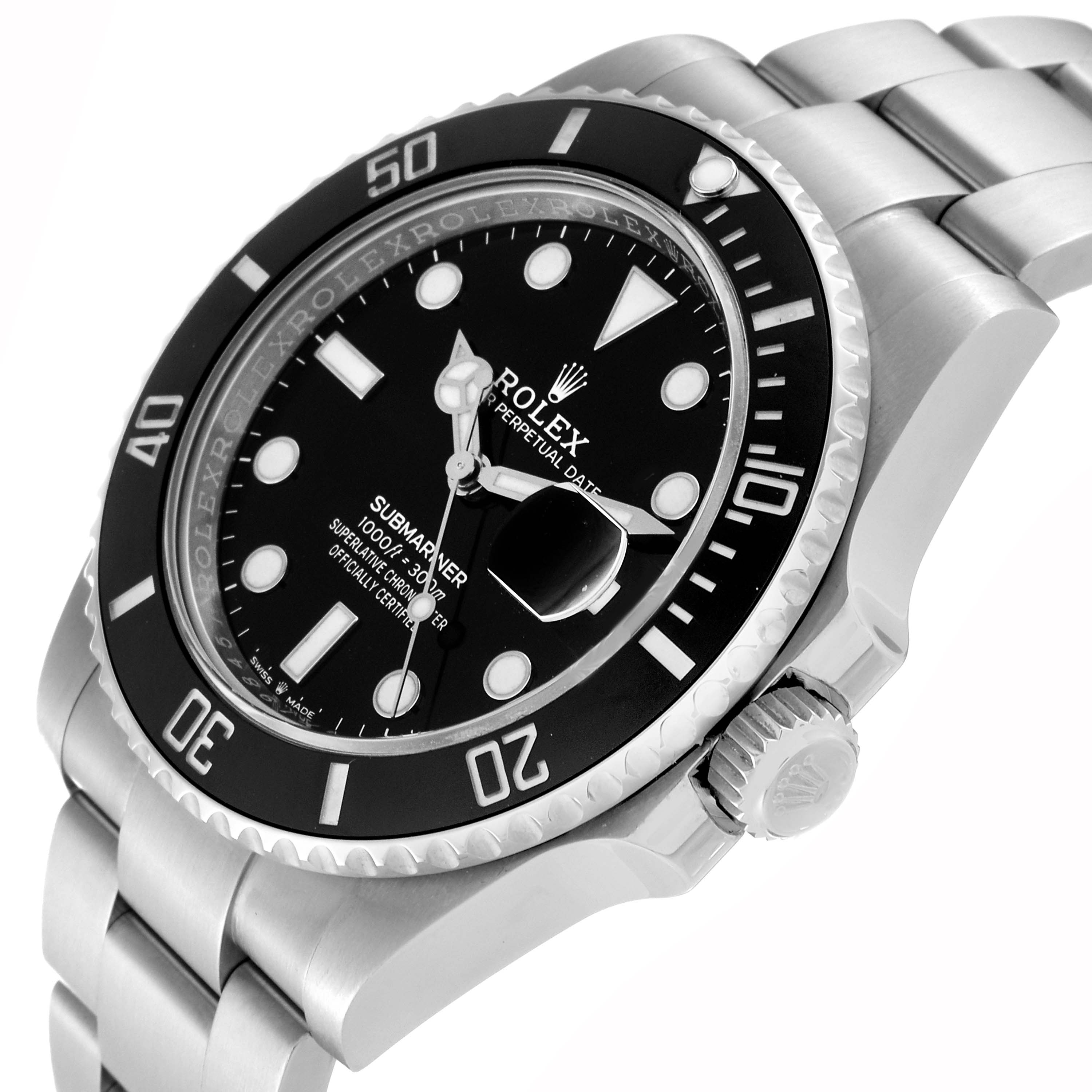 The image shows a close-up angle of the Rolex Submariner 126610LN Men
s Stainless Steel Black Dial 126610LN Men
s Stainless Steel Black Dial watch, highlighting its bezel, dial, crown, and part of the bracelet.