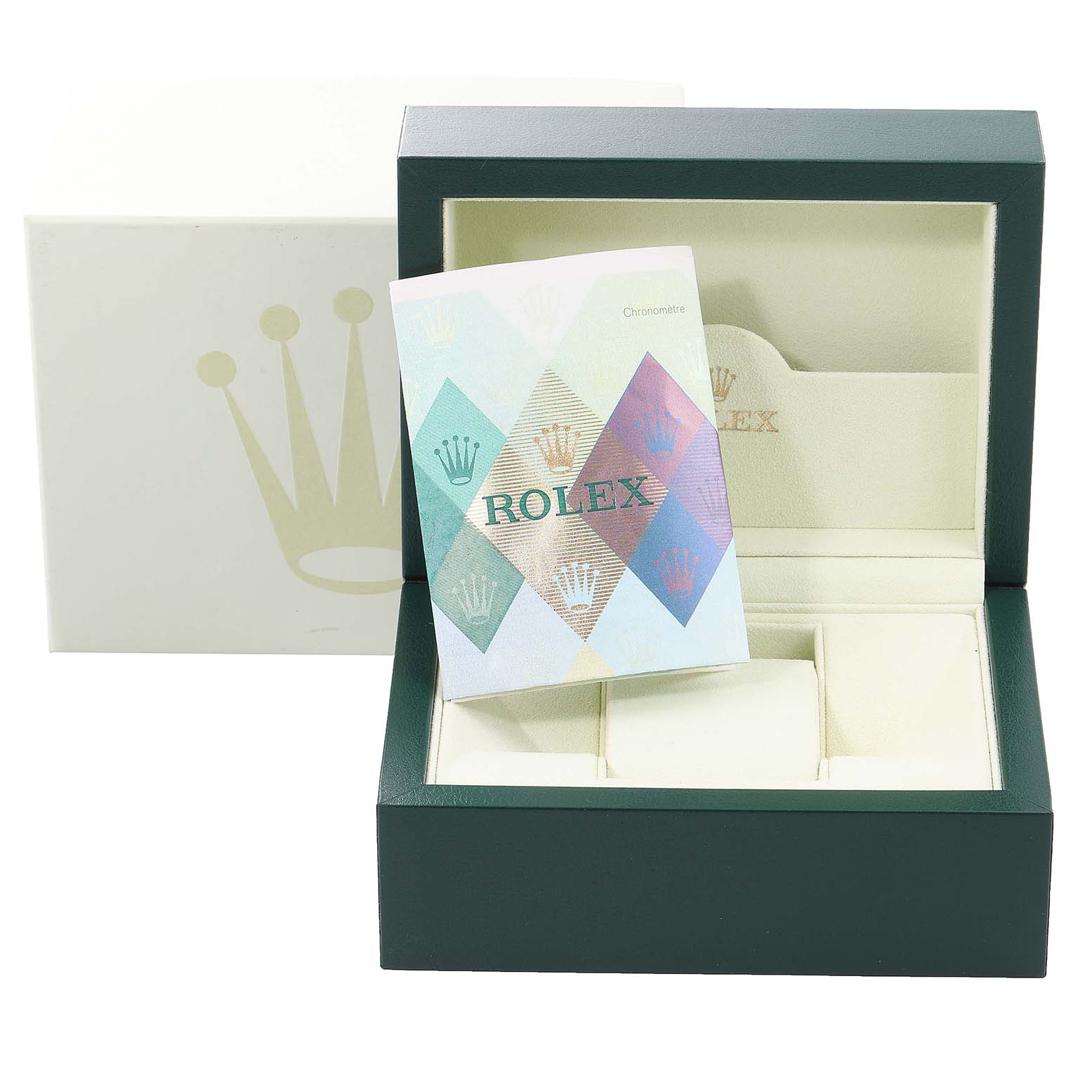 The image shows a Rolex Submariner 16610 Men
s Stainless Steel Black Dial 16610 Men
s Stainless Steel Black Dial watch box and its manual from a front angle.