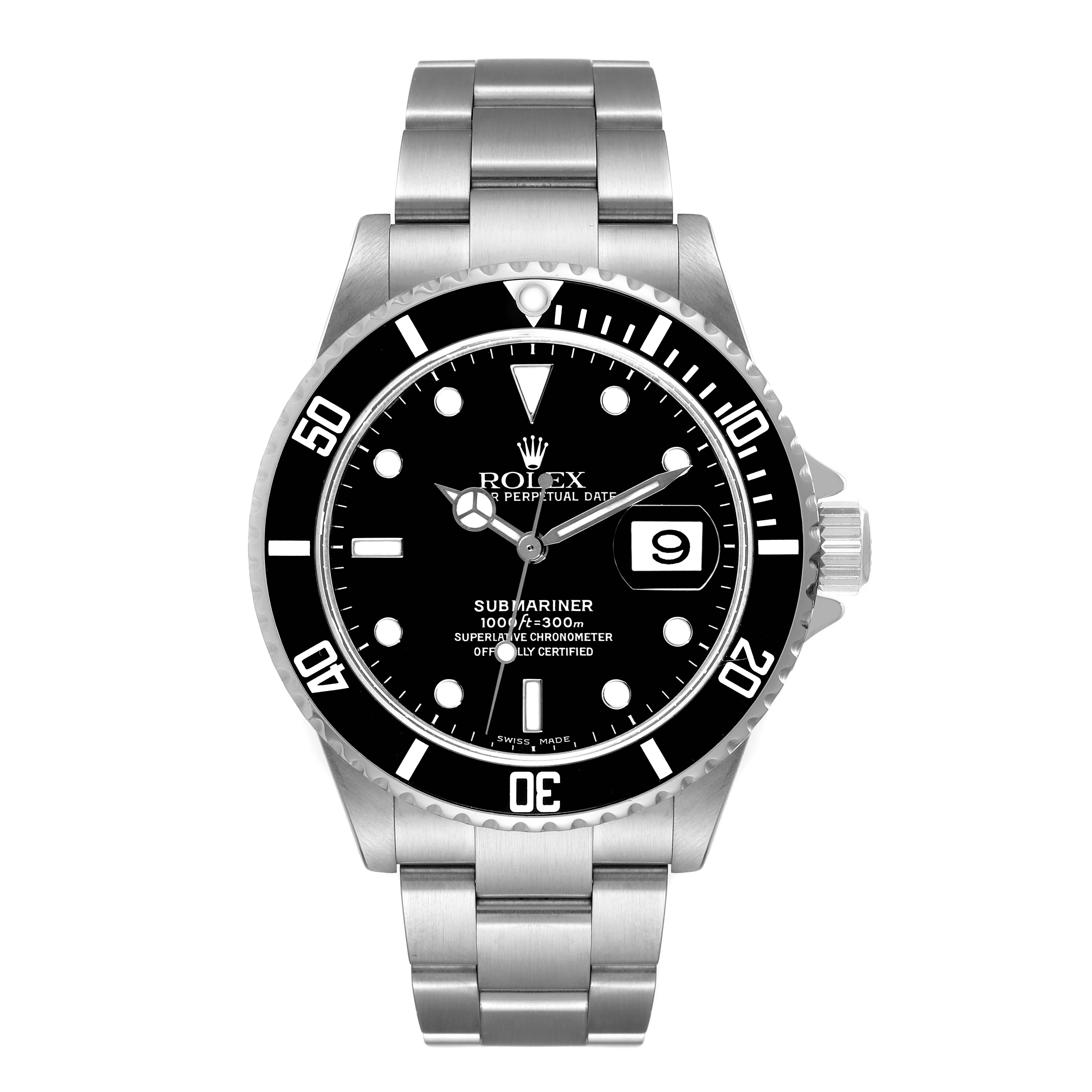 This image shows a front view of a Rolex Submariner 16610 Men
s Stainless Steel Black Dial 16610 Men
s Stainless Steel Black Dial watch, highlighting the dial, bracelet, bezel, and crown.