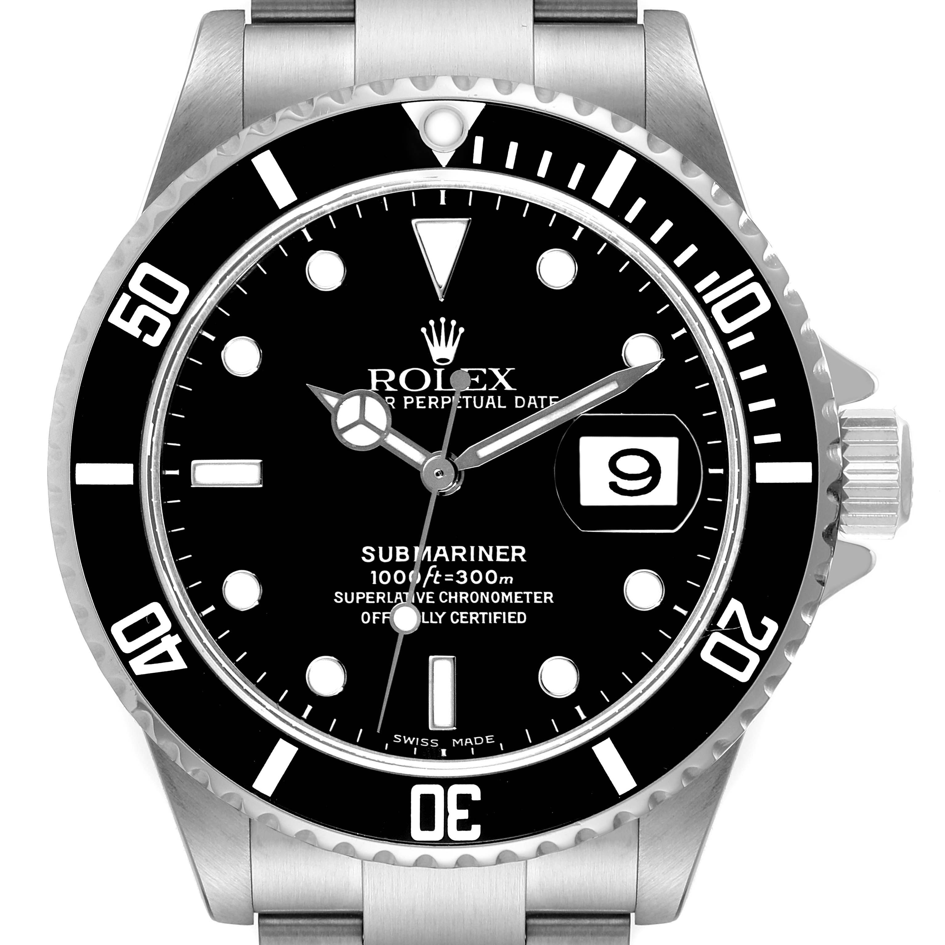 The image shows a front view of a Rolex Submariner 16610 Men
s Stainless Steel Black Dial 16610 Men
s Stainless Steel Black Dial watch, highlighting the dial, bezel, hands, and date window.