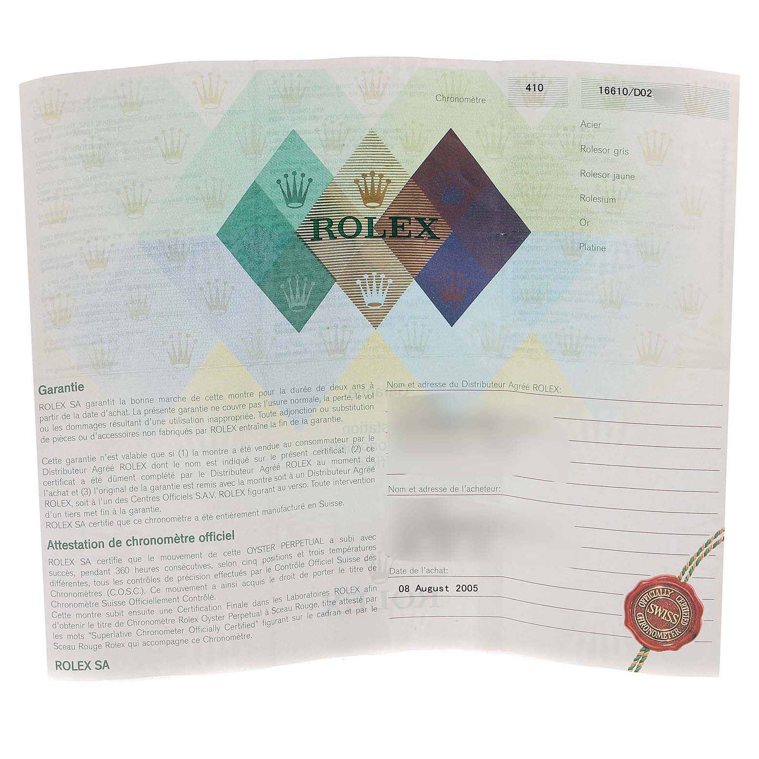 The image shows the warranty and certification card for the Rolex Submariner 16610 Men
s Stainless Steel Black Dial 16610 Men
s Stainless Steel Black Dial model.