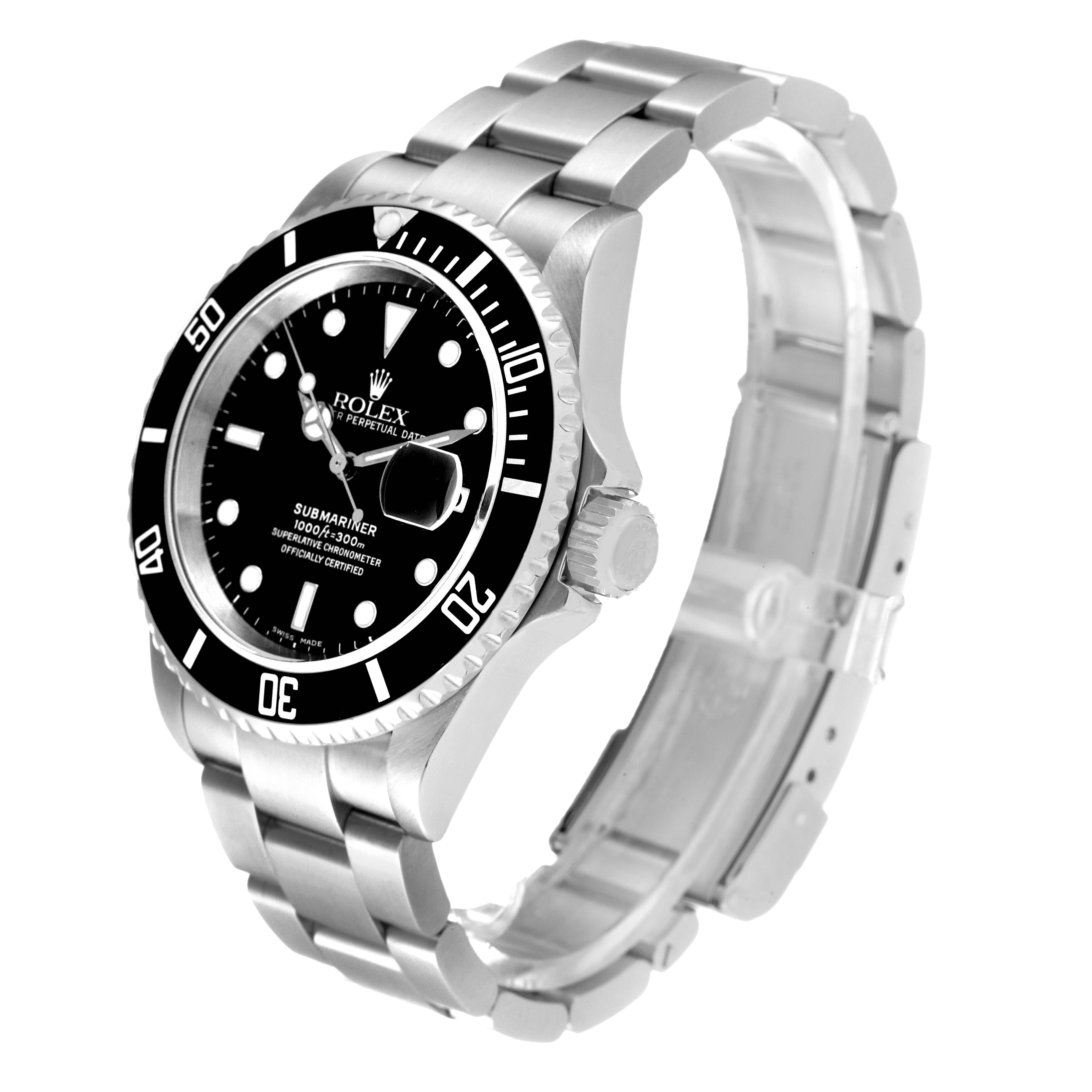 The image shows a Rolex Submariner 16610 Men
s Stainless Steel Black Dial 16610 Men
s Stainless Steel Black Dial watch from an angled view, highlighting its face, bezel, crown, and bracelet.